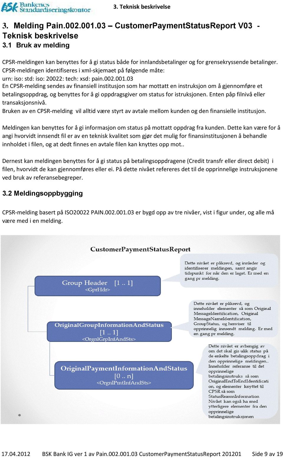 PSR-meldingen identifiseres i xml-skjemaet på følgende måte: urn: iso: std: iso: 20022: tech: xsd: pain.002.001.