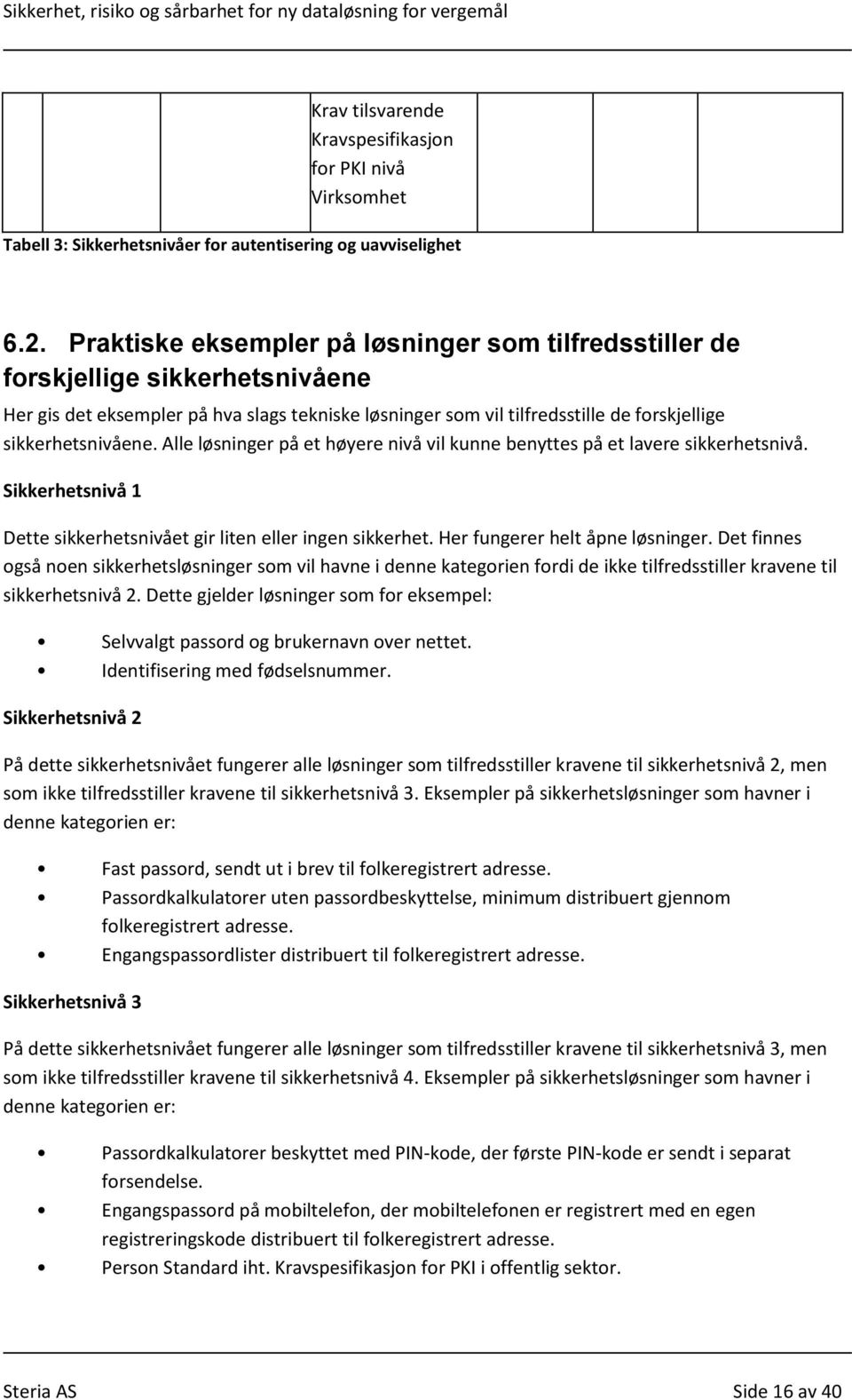 Alle løsninger på et høyere nivå vil kunne benyttes på et lavere sikkerhetsnivå. Sikkerhetsnivå 1 Dette sikkerhetsnivået gir liten eller ingen sikkerhet. Her fungerer helt åpne løsninger.