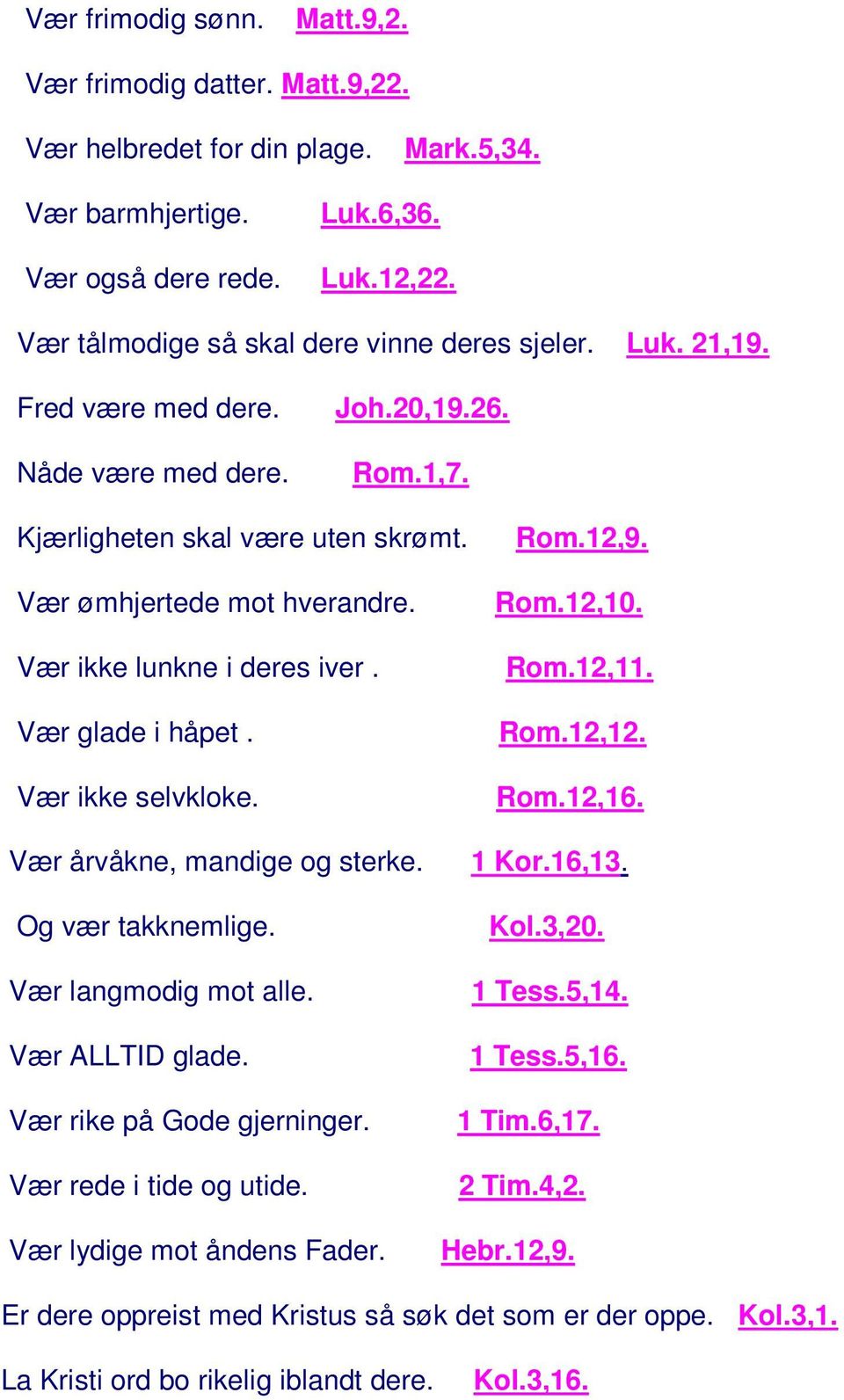 Vær ikke lunkne i deres iver. Vær glade i håpet. Vær ikke selvkloke. Vær årvåkne, mandige og sterke. Og vær takknemlige. Vær langmodig mot alle. Vær ALLTID glade. Rom.12,9. Rom.12,10. Rom.12,11. Rom.12,12.