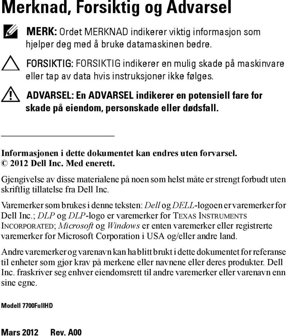 ADVARSEL: En ADVARSEL indikerer en potensiell fare for skade på eiendom, personskade eller dødsfall. Informasjonen i dette dokumentet kan endres uten forvarsel. 2012 Dell Inc. Med enerett.