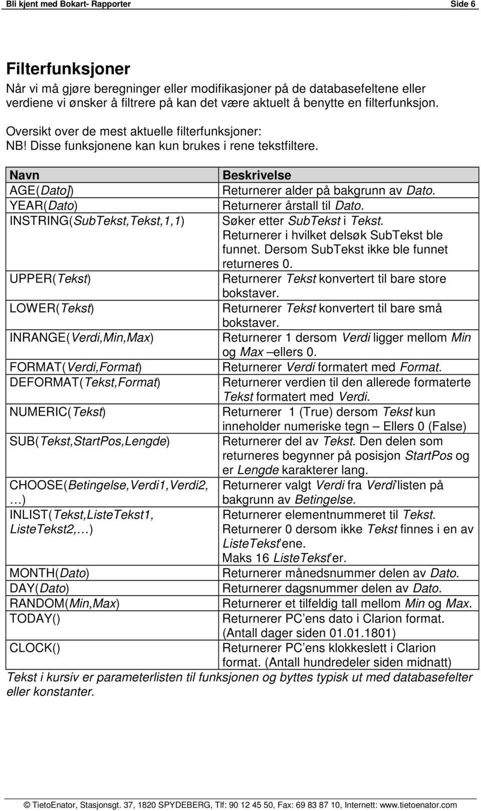 Navn AGE(Dato]) YEAR(Dato) INSTRING(SubTekst,Tekst,1,1) UPPER(Tekst) LOWER(Tekst) INRANGE(Verdi,Min,Max) FORMAT(Verdi,Format) DEFORMAT(Tekst,Format) NUMERIC(Tekst) SUB(Tekst,StartPos,Lengde)