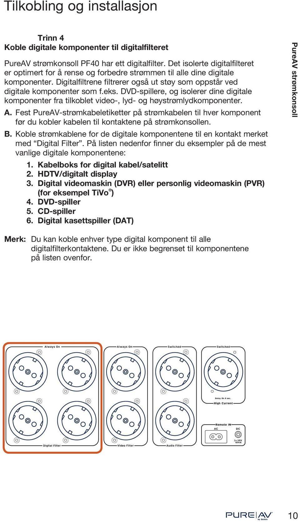 DVD-spillere, og isolerer dine digitale komponenter fra tilkoblet video-, lyd- og høystrømlydkomponenter. A.