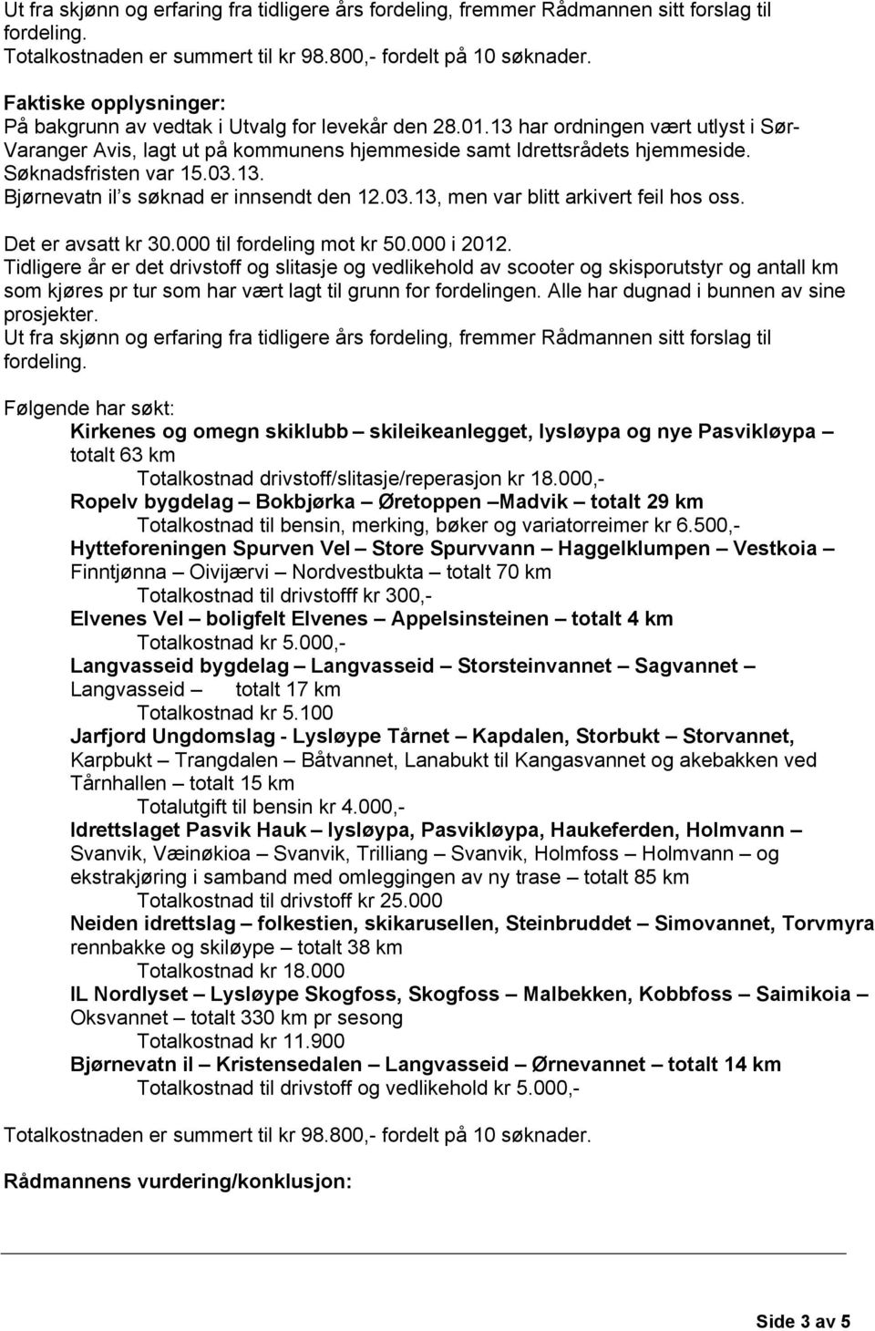 Søknadsfristen var 15.03.13. Bjørnevatn il s søknad er innsendt den 12.03.13, men var blitt arkivert feil hos oss. Det er avsatt kr 30.000 til fordeling mot kr 50.000 i 2012.