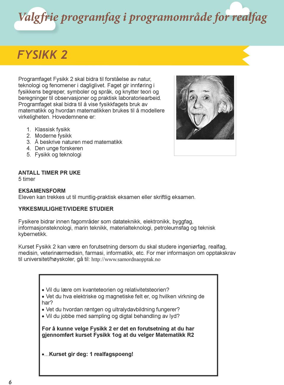 Programfaget skal bidra til å vise fysikkfagets bruk av matematikk og hvordan matematikken brukes til å modellere virkeligheten. Hovedemnene er: 1. Klassisk fysikk 2. Moderne fysikk 3.