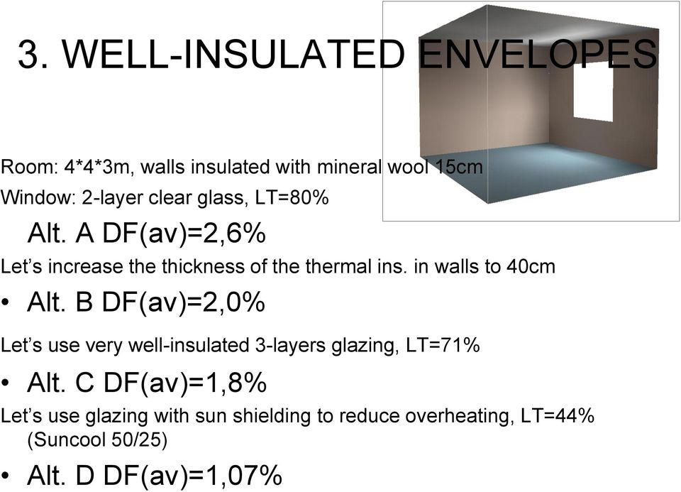 in walls to 40cm Alt. B DF(av)=2,0% Let s use very well-insulated 3-layers glazing, LT=71% Alt.