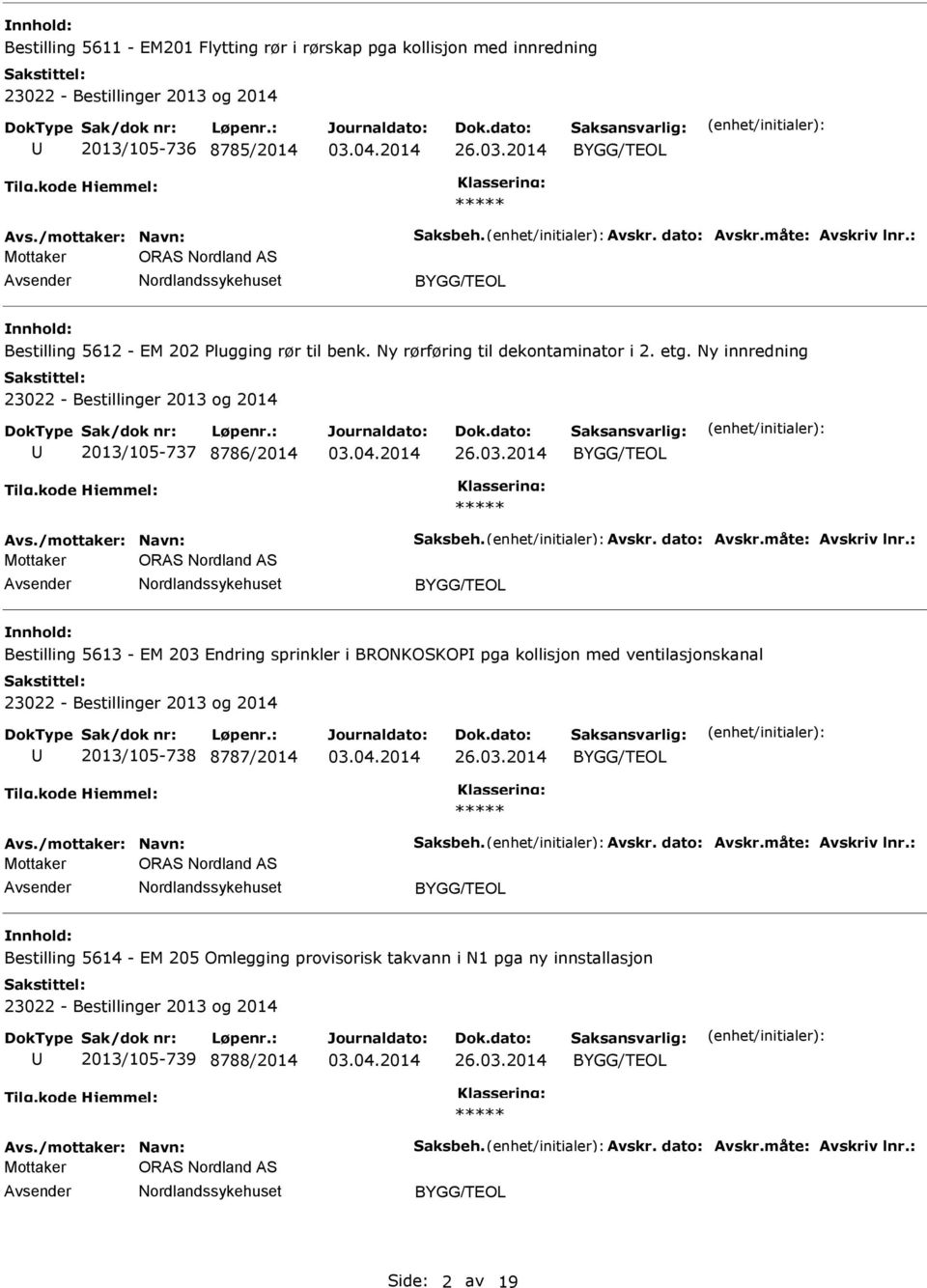 dato: Avskr.måte: Avskriv lnr.: Mottaker ORAS Nordland AS Bestilling 5613 - EM 203 Endring sprinkler i BRONKOSKO pga kollisjon med ventilasjonskanal 2013/105-738 8787/2014 Avs.