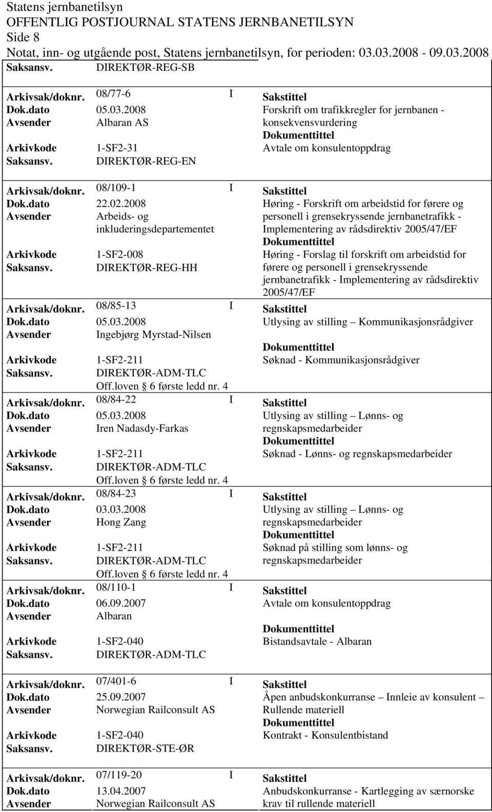 2008 Høring - Forskrift om arbeidstid for førere og Avsender Arbeids- og inkluderingsdepartementet personell i grensekryssende jernbanetrafikk - Implementering av rådsdirektiv 2005/47/EF Arkivkode