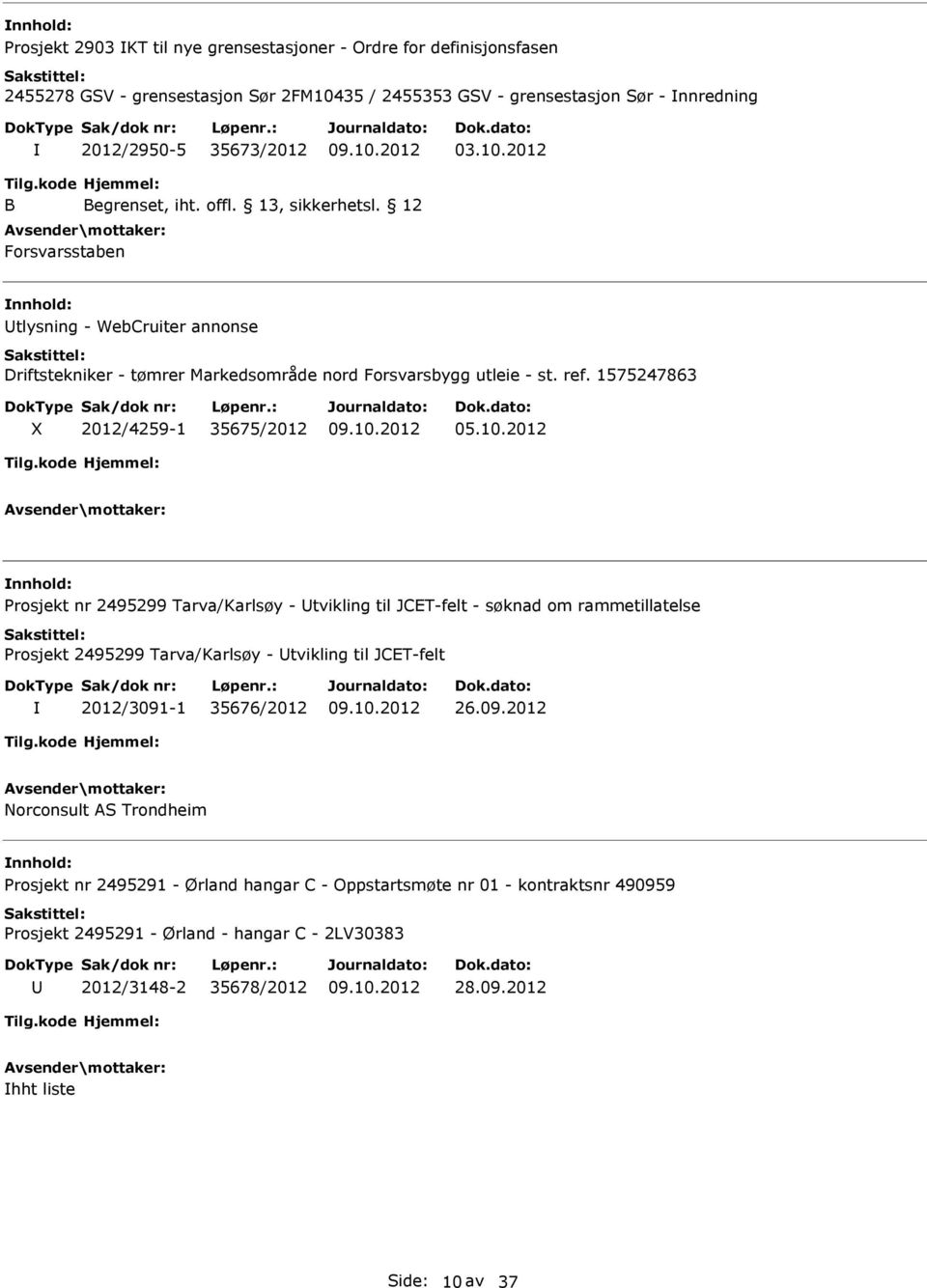 2012 nnhold: Prosjekt nr 2495299 Tarva/Karlsøy - tvikling til JCET-felt - søknad om rammetillatelse Prosjekt 2495299 Tarva/Karlsøy - tvikling til JCET-felt 2012/3091