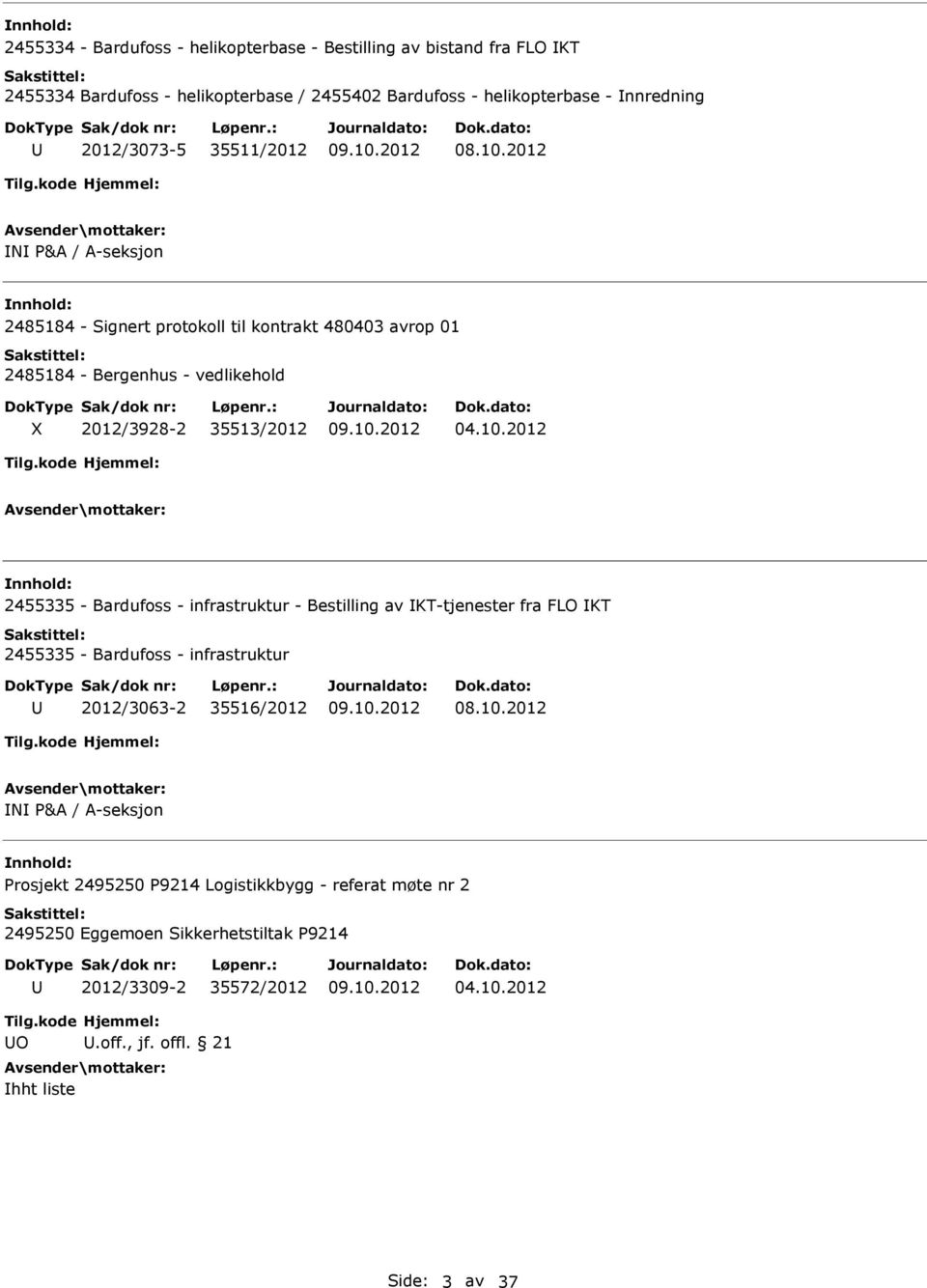 10.2012 N P&A / A-seksjon nnhold: Prosjekt 2495250 P9214 Logistikkbygg - referat møte nr 2 2495250 Eggemoen Sikkerhetstiltak P9214 2012/3309-2 35572/2012 04.10.2012 O.off., jf.