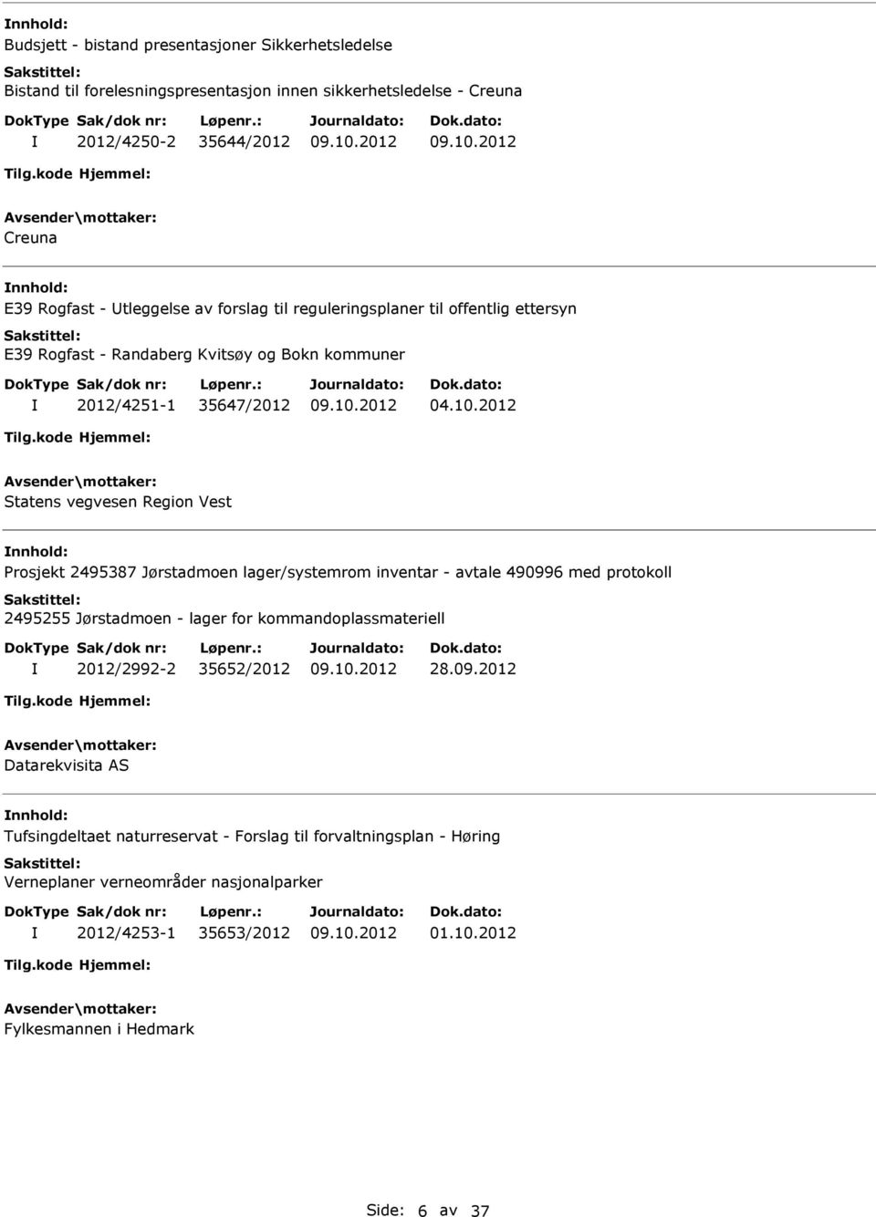 2012 Statens vegvesen Region Vest nnhold: Prosjekt 2495387 Jørstadmoen lager/systemrom inventar - avtale 490996 med protokoll 2495255 Jørstadmoen - lager for kommandoplassmateriell