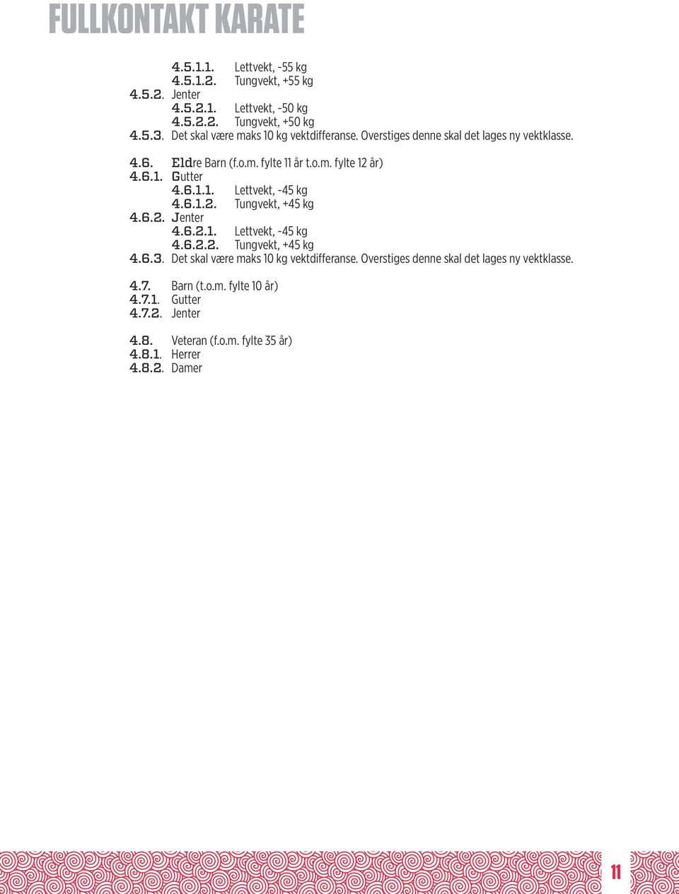 6.1.1. Lettvekt, -45 kg 4.6.1.2. Tungvekt, +45 kg 4.6.2. Jenter 4.6.2.1. Lettvekt, -45 kg 4.6.2.2. Tungvekt, +45 kg 4.6.3.