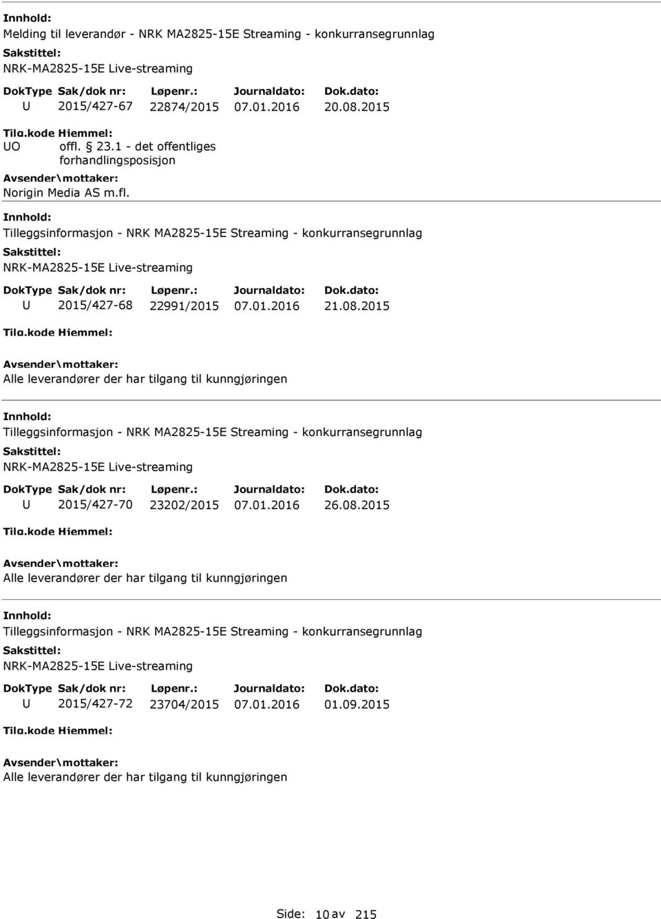 08.2015 Alle leverandører der har tilgang til kunngjøringen Tilleggsinformasjon - NRK MA2825-15E Streaming - konkurransegrunnlag NRK-MA2825-15E Live-streaming 2015/427-72 23704/2015 01.09.