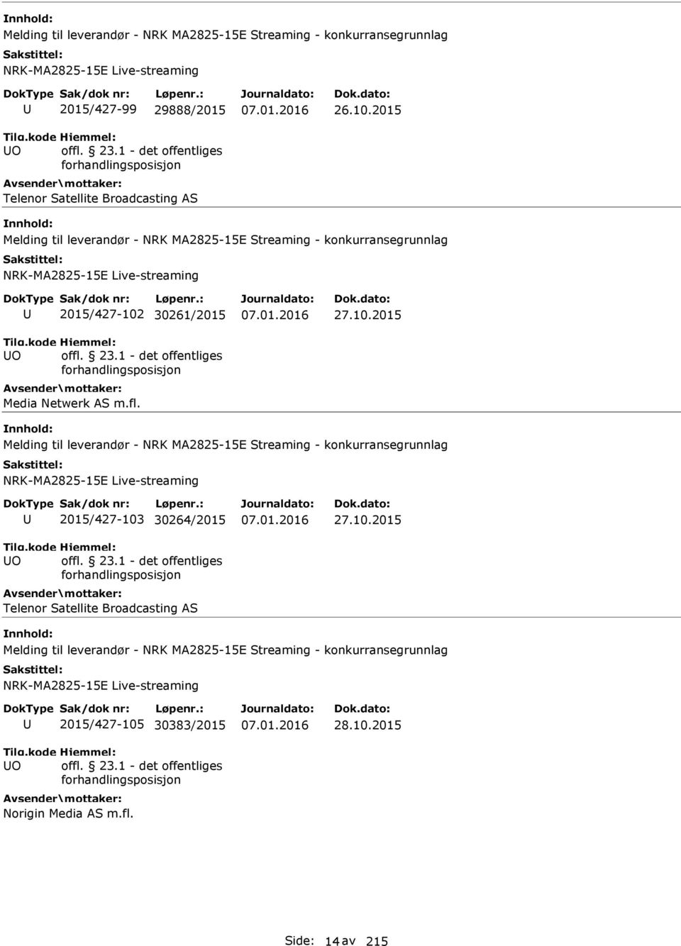 2015 Melding til leverandør - NRK MA2825-15E Streaming - konkurransegrunnlag NRK-MA2825-15E Live-streaming O 2015/427-102 30261/2015 offl. 23.