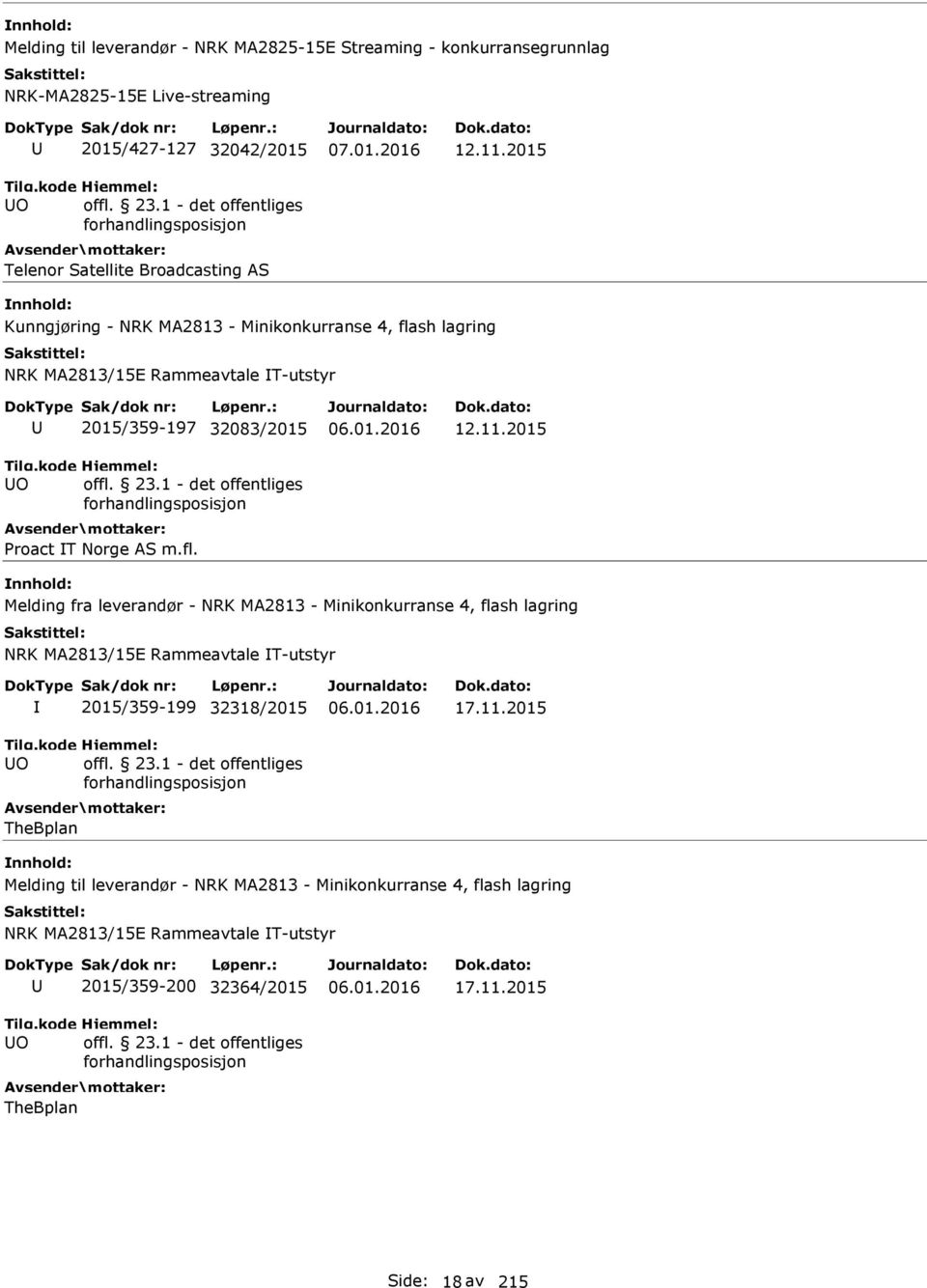 2015 Kunngjøring - NRK MA2813 - Minikonkurranse 4, flash lagring NRK MA2813/15E Rammeavtale T-utstyr O 2015/359-197 32083/2015 offl. 23.1 - det offentliges forhandlingsposisjon Proact T Norge AS m.fl. 12.