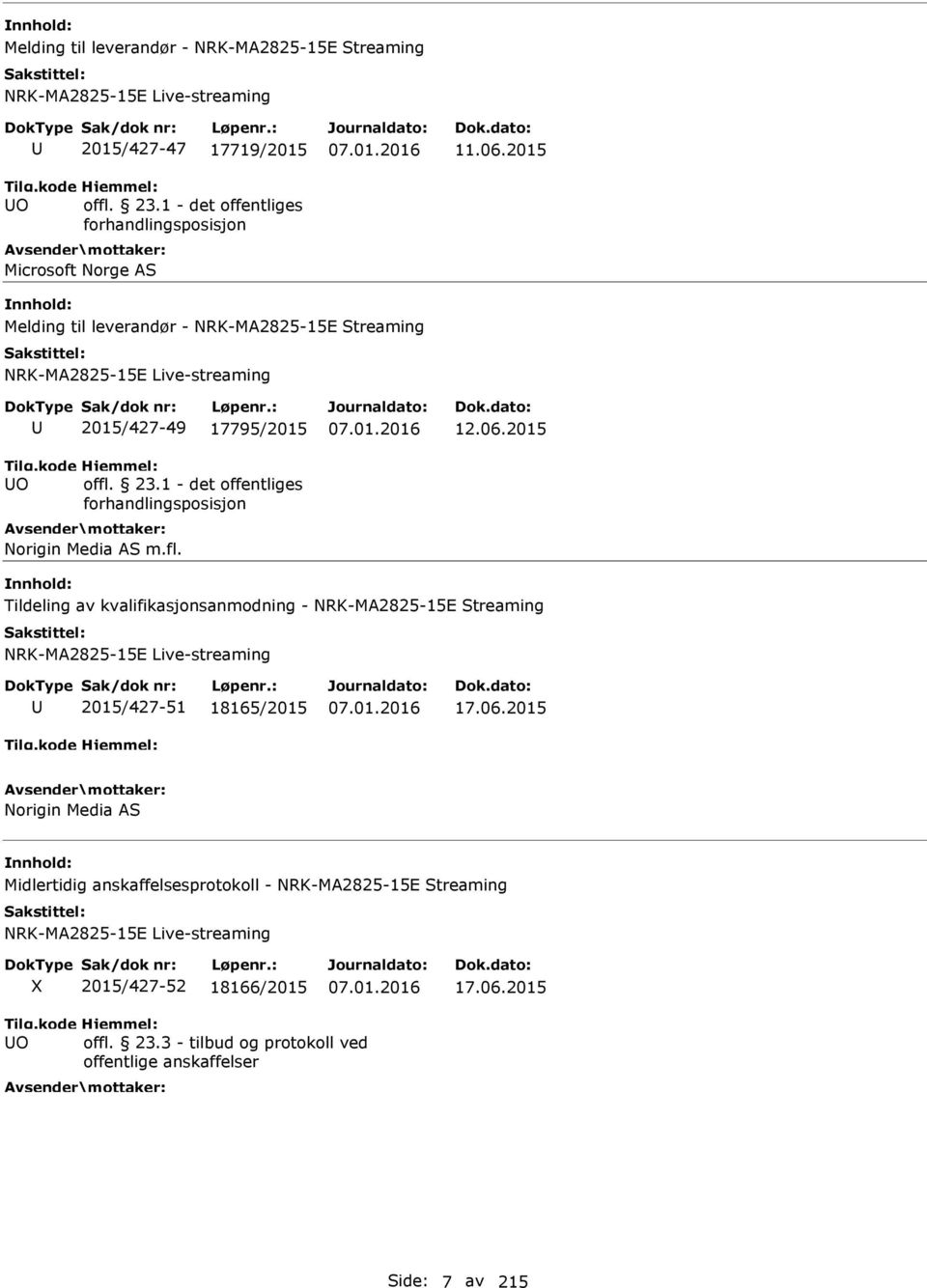 fl. 12.06.2015 Tildeling av kvalifikasjonsanmodning - NRK-MA2825-15E Streaming NRK-MA2825-15E Live-streaming 2015/427-51 18165/2015 17.06.2015 Norigin Media AS Midlertidig anskaffelsesprotokoll - NRK-MA2825-15E Streaming NRK-MA2825-15E Live-streaming X 2015/427-52 18166/2015 17.