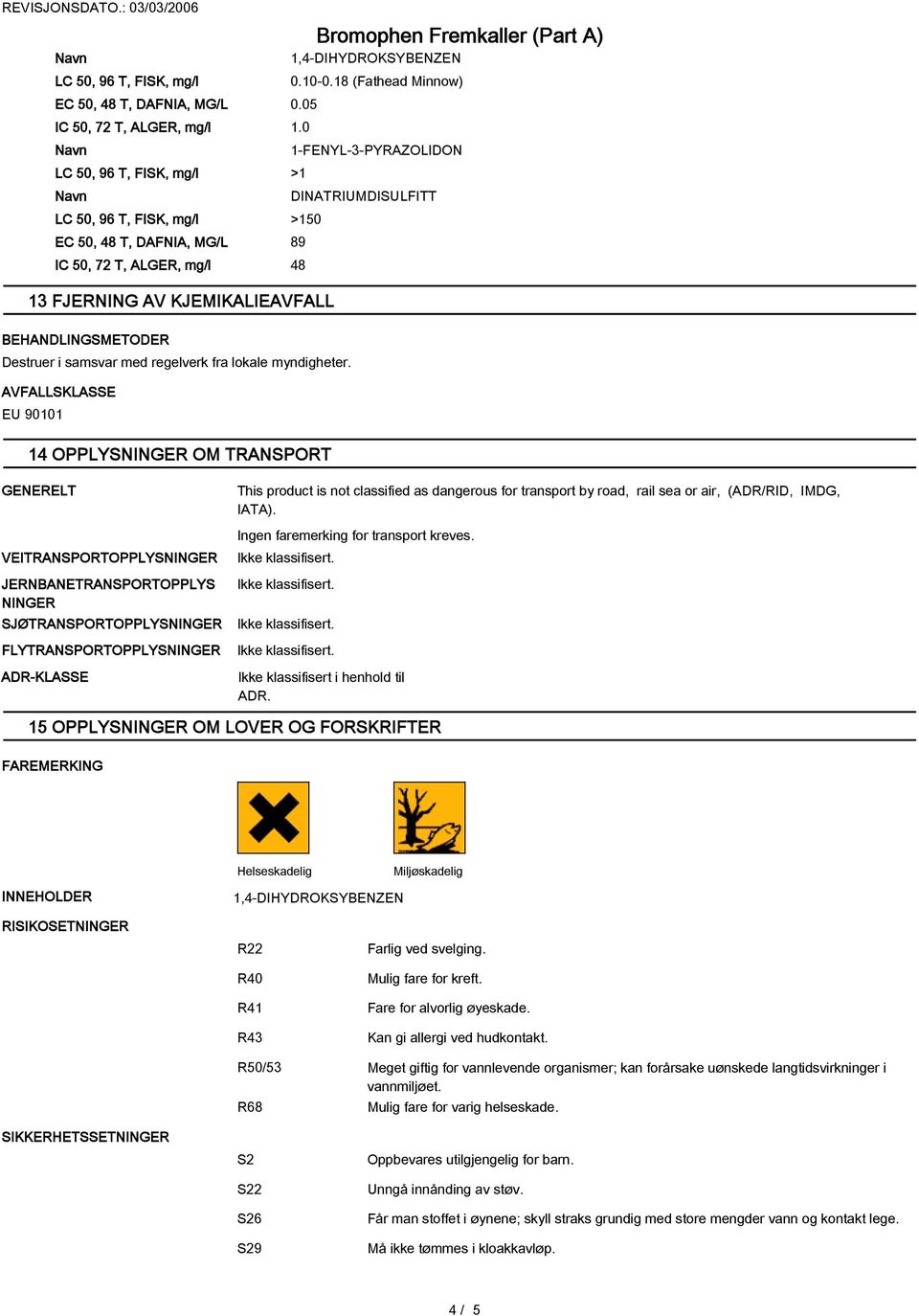 fra lokale myndigheter. AVFALLSKLASSE EU 90101 14 OPPLYSNINGER OM TRANSPORT GENERELT VEITRANSPORTOPPLYSNINGER JERNBANETRANSPORTOPPLYS NINGER 0.10-0.