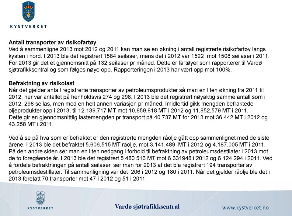 Dette er fartøyer som rapporterer til Vardø sjøtrafikksentral og som følges nøye opp. Rapporteringen i 213 har vært opp mot 1%.