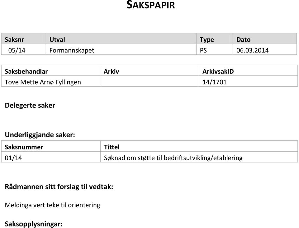 saker Underliggjande saker: Saksnummer Tittel 01/14 Søknad om støtte til