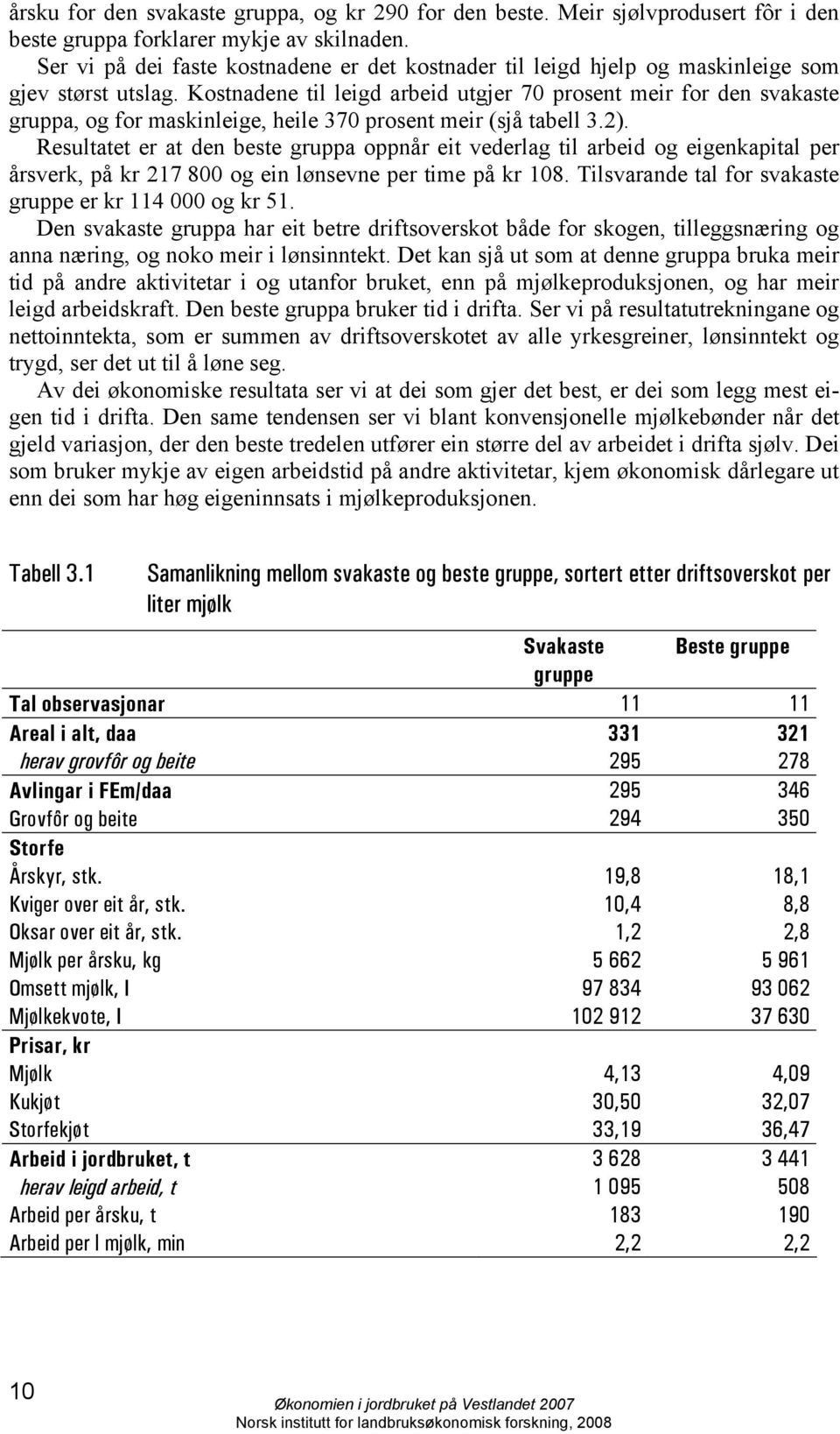 Kostnadene til leigd arbeid utgjer 70 prosent meir for den svakaste gruppa, og for maskinleige, heile 370 prosent meir (sjå tabell 3.2).