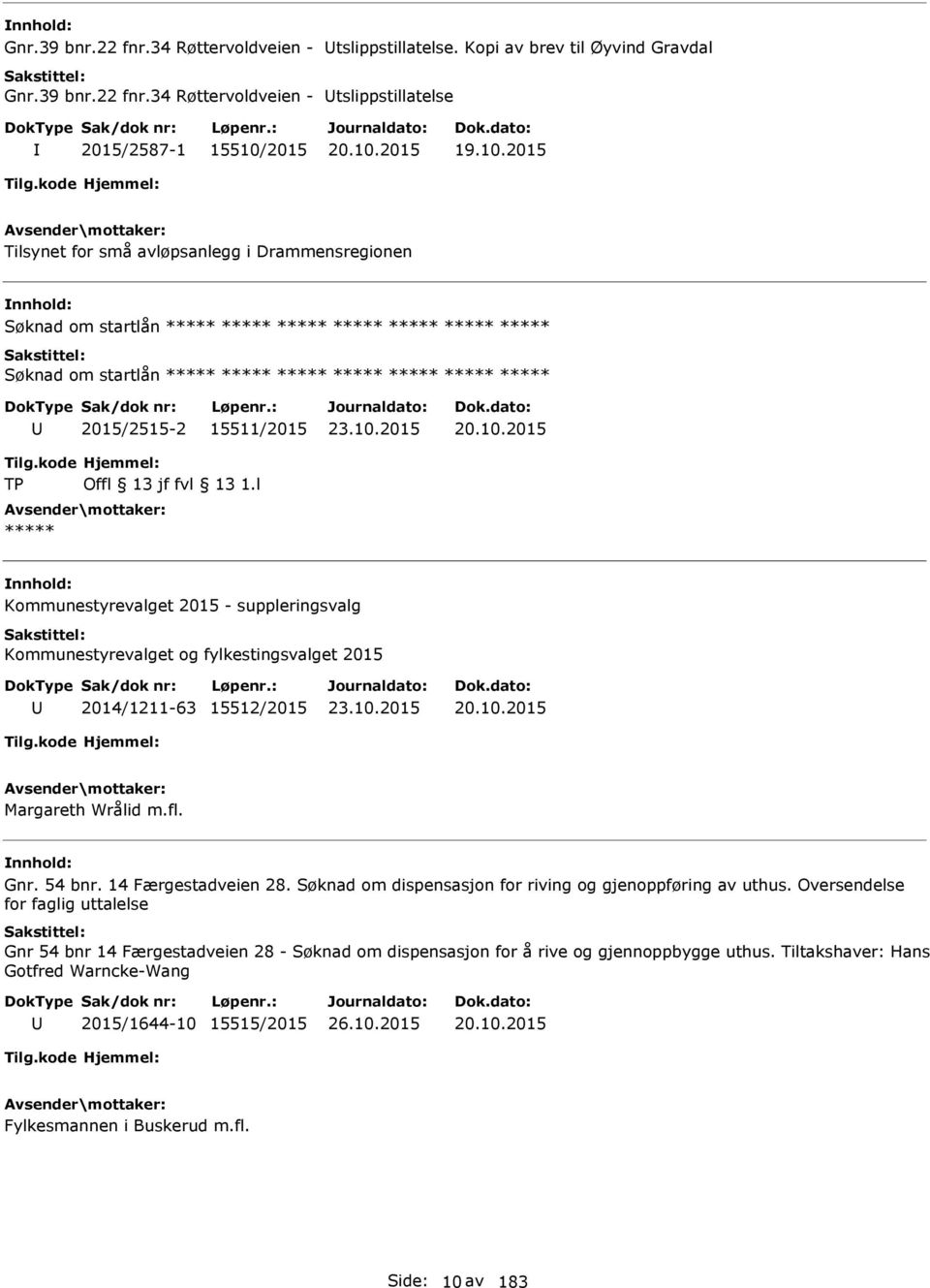 l Kommunestyrevalget 2015 - suppleringsvalg Kommunestyrevalget og fylkestingsvalget 2015 2014/1211-63 15512/2015 20.10.2015 Margareth Wrålid m.fl. Gnr. 54 bnr. 14 Færgestadveien 28.