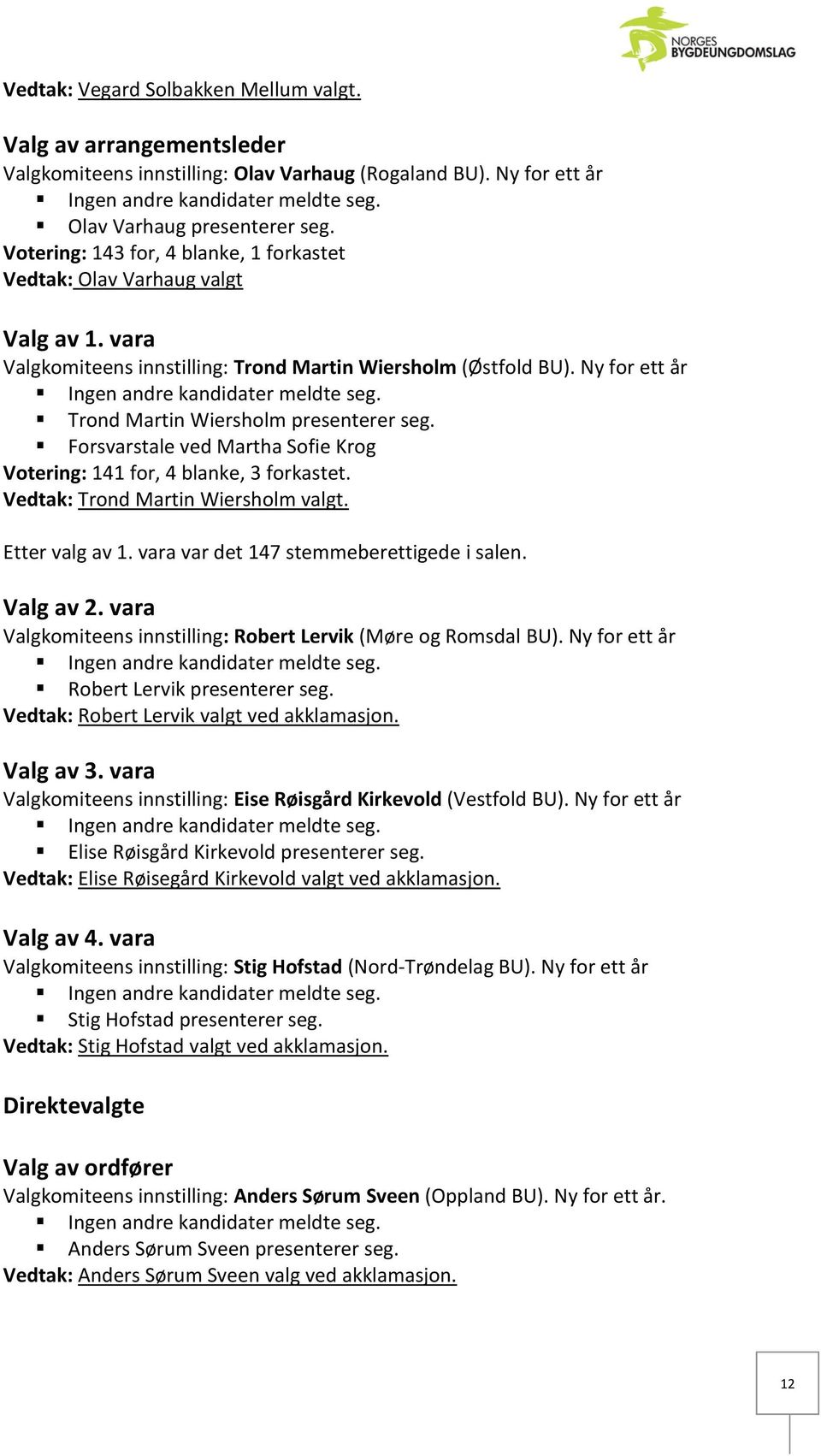 Ny for ett år Trond Martin Wiersholm presenterer seg. Forsvarstale ved Martha Sofie Krog Votering: 141 for, 4 blanke, 3 forkastet. Vedtak: Trond Martin Wiersholm valgt. Etter valg av 1.