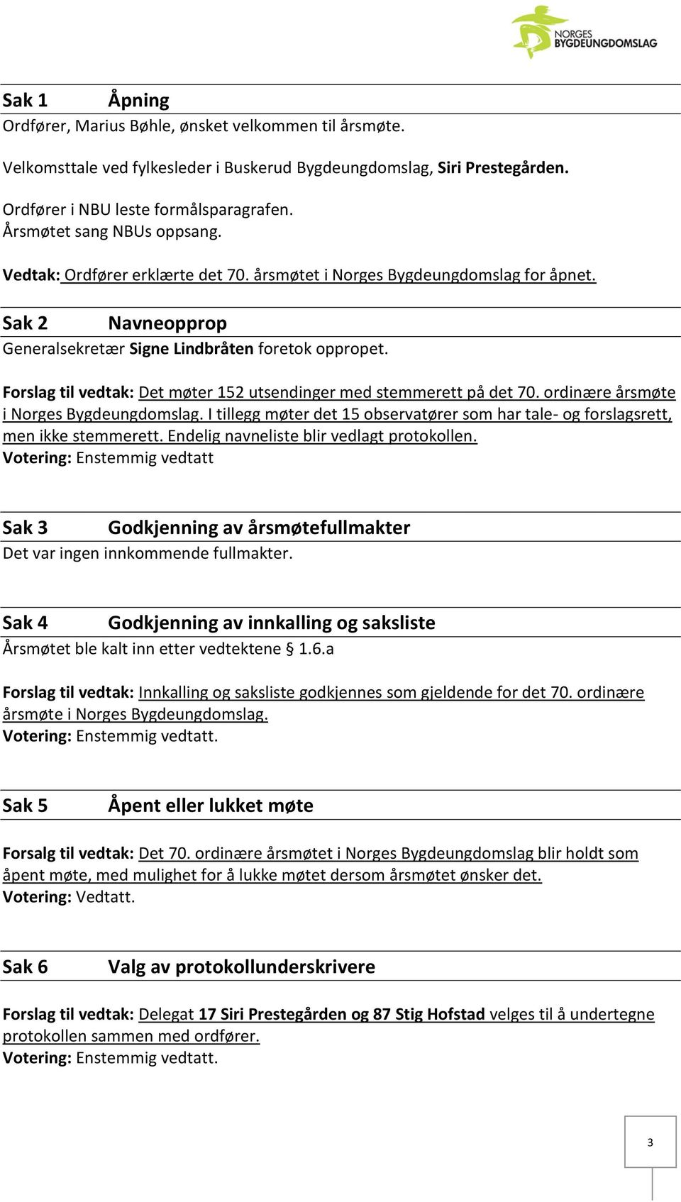 Forslag til vedtak: Det møter 152 utsendinger med stemmerett på det 70. ordinære årsmøte i Norges Bygdeungdomslag.