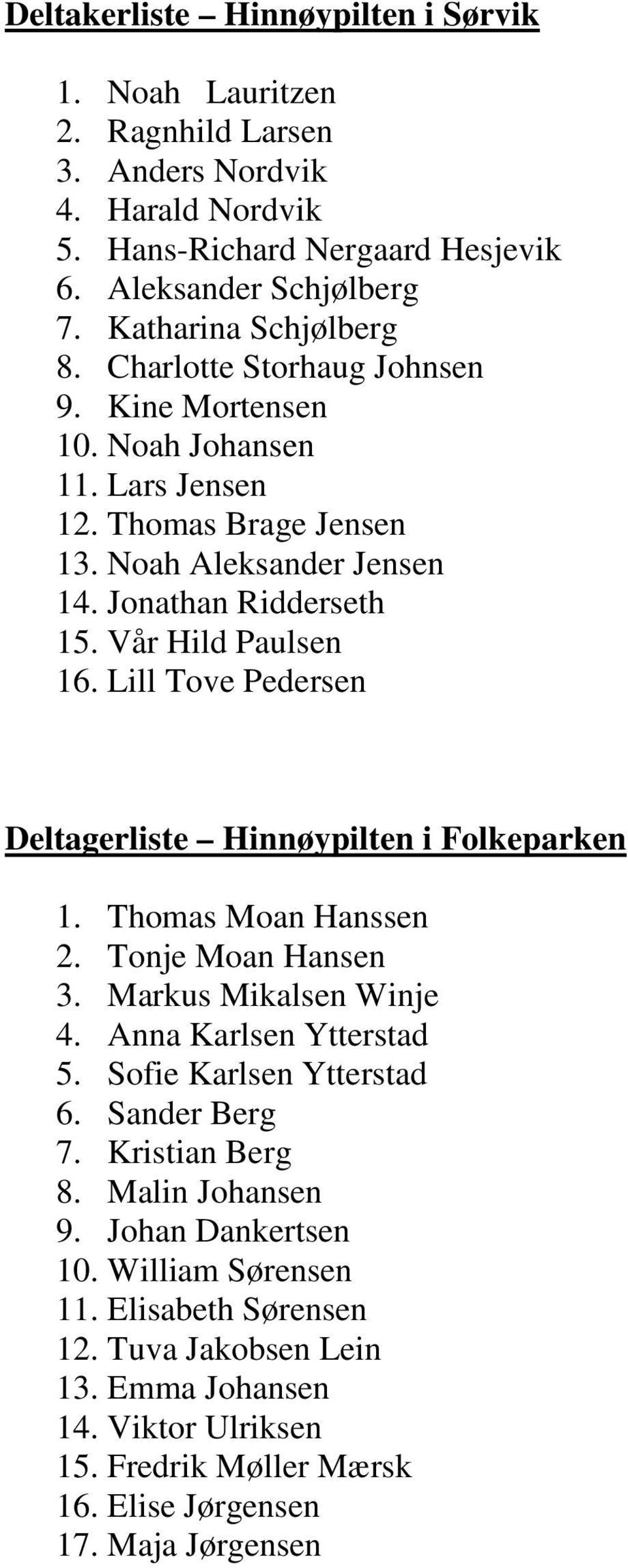 Lill Tove Pedersen Deltagerliste Hinnøypilten i Folkeparken 1. Thomas Moan Hanssen 2. Tonje Moan Hansen 3. Markus Mikalsen Winje 4. Anna Karlsen Ytterstad 5. Sofie Karlsen Ytterstad 6. Sander Berg 7.