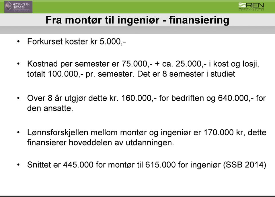 160.000,- for bedriften og 640.000,- for den ansatte. Lønnsforskjellen mellom montør og ingeniør er 170.