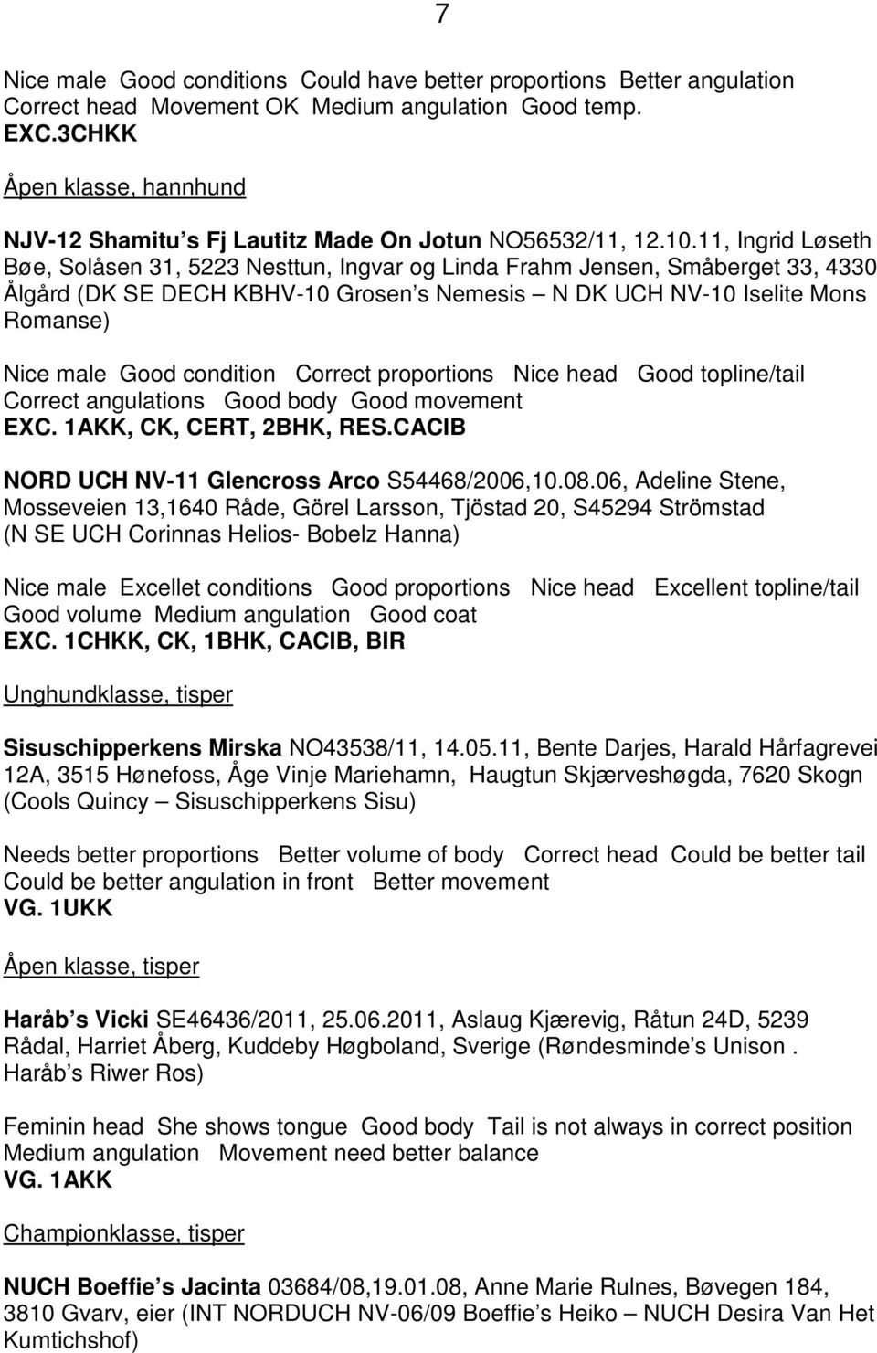 11, Ingrid Løseth Bøe, Solåsen 31, 5223 Nesttun, Ingvar og Linda Frahm Jensen, Småberget 33, 4330 Ålgård (DK SE DECH KBHV-10 Grosen s Nemesis N DK UCH NV-10 Iselite Mons Romanse) Nice male Good