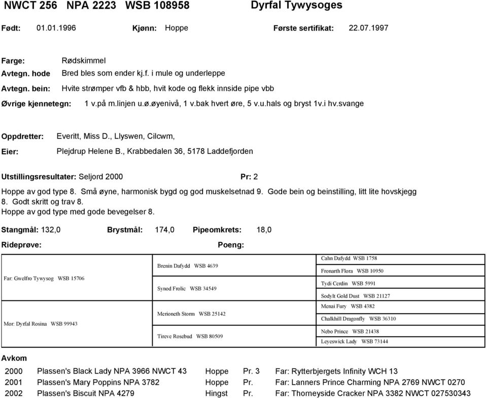 , Llyswen, Cilcwm, Plejdrup Helene B., Krabbedalen 36, 5178 Laddefjorden Utstillingsresultater: Seljord 2000 Pr: 2 Hoppe av god type 8. Små øyne, harmonisk bygd og god muskelsetnad 9.