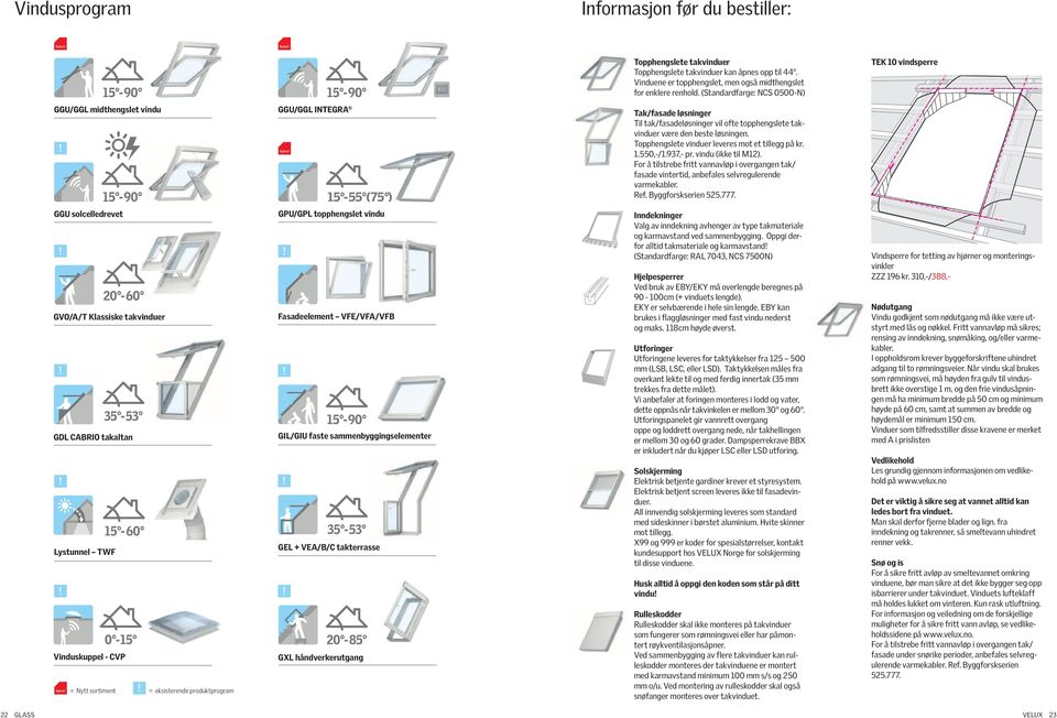 Lystunnel TWF Vinduskuppel - CVP 22 Glass Fasadeelement VFE/VF/VFB GDL Cabrio takaltan Nyhet GGU/GGL INTEGR = Nytt sortiment GXL håndverkerutgang = eksisterende produktprogram TEK 10 vindsperre