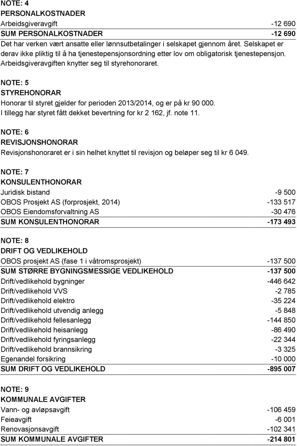 NOTE: 5 STYREHONORAR Honorar til styret gjelder for perioden 2013/2014, og er på kr 90 000. I tillegg har styret fått dekket bevertning for kr 2 162, jf. note 11.