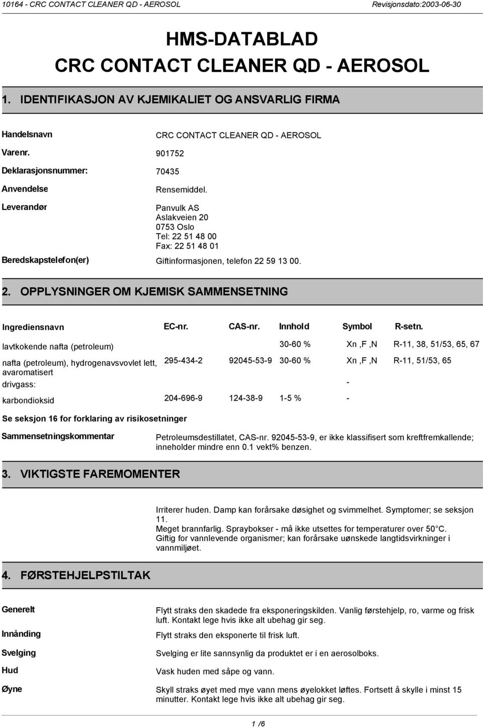 2. OPPLYSNINGER OM KJEMISK SAMMENSETNING Ingrediensnavn EC-nr. CAS-nr. Innhold Symbol R-setn.