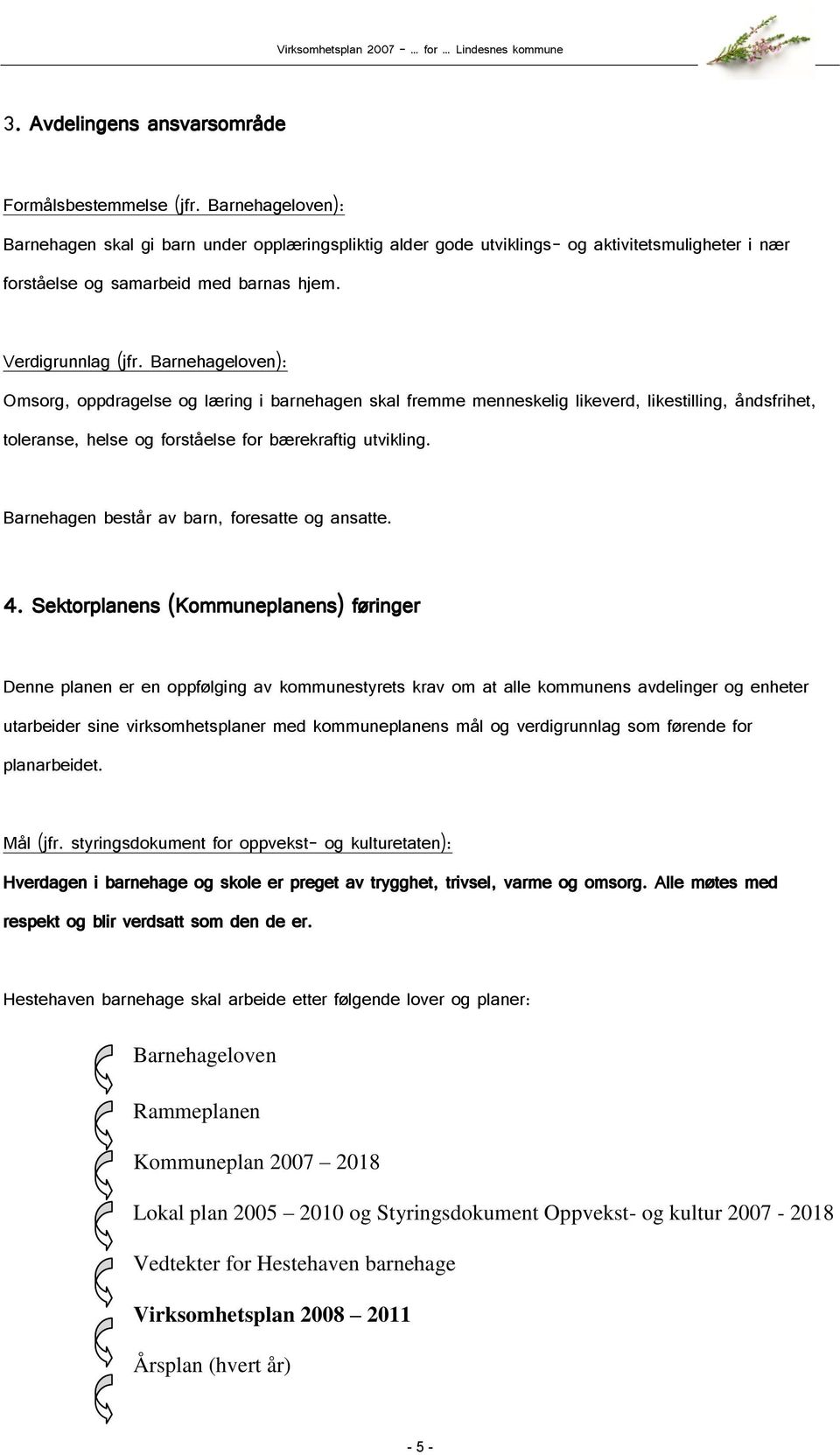 Barnehageloven): Omsorg, oppdragelse og læring i barnehagen skal fremme menneskelig likeverd, likestilling, åndsfrihet, toleranse, helse og forståelse for bærekraftig utvikling.