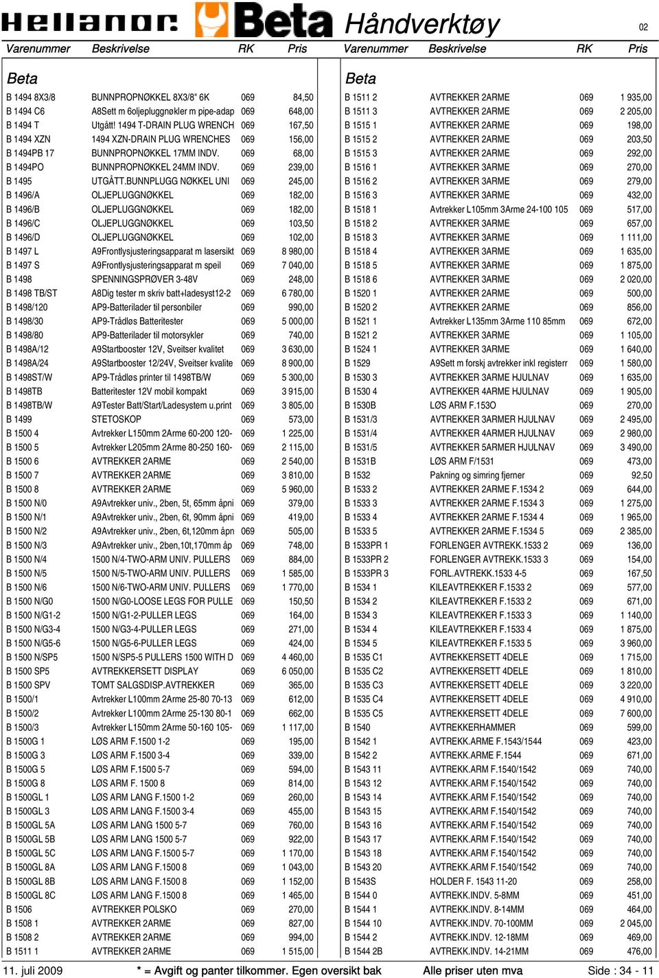 BUNNPLUGG NØKKEL UNI 069 245,00 B 1496/A OLJEPLUGGNØKKEL 069 182,00 B 1496/B OLJEPLUGGNØKKEL 069 182,00 B 1496/C OLJEPLUGGNØKKEL 069 103,50 B 1496/D OLJEPLUGGNØKKEL 069 102,00 B 1497 L