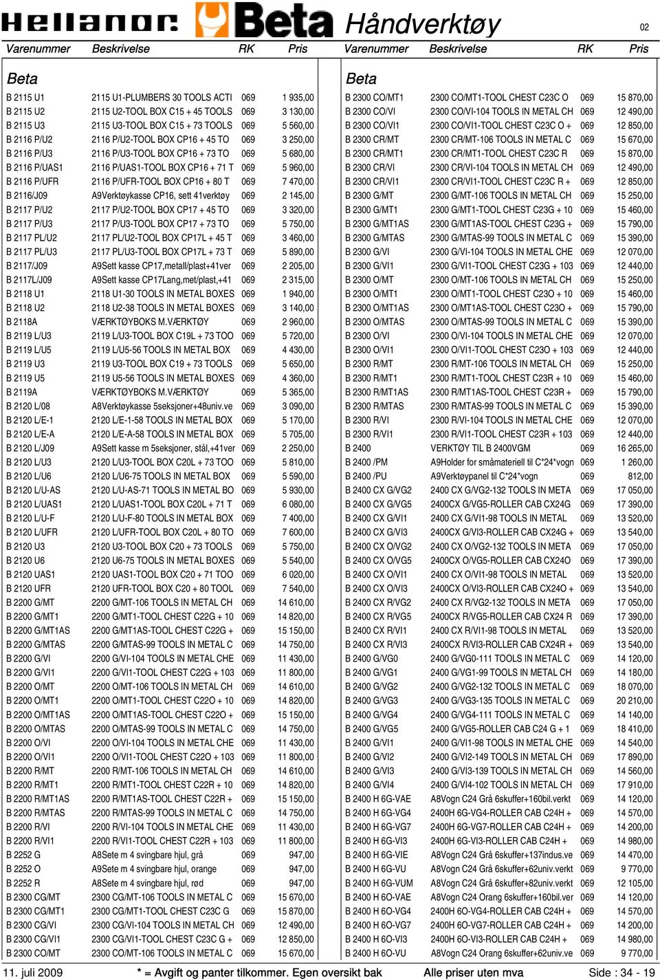 2116/J09 A9Verktøykasse CP16, sett 41verktøy 069 2 145,00 B 2117 P/U2 2117 P/U2-TOOL BOX CP17 + 45 TO 069 3 320,00 B 2117 P/U3 2117 P/U3-TOOL BOX CP17 + 73 TO 069 5 750,00 B 2117 PL/U2 2117