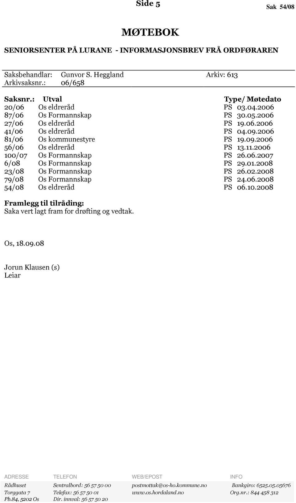 06.2007 6/08 Os Formannskap PS 29.01.2008 23/08 Os Formannskap PS 26.02.2008 79/08 Os Formannskap PS 24.06.2008 54/08 Os eldreråd PS 06.10.