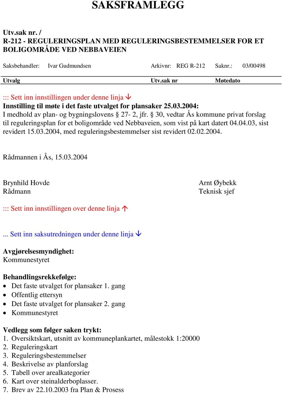 30, vedtar Ås kommune privat forslag til reguleringsplan for et boligområde ved Nebbaveien, som vist på kart datert 04.04.03, sist revidert 15.03.2004, med reguleringsbestemmelser sist revidert 02.