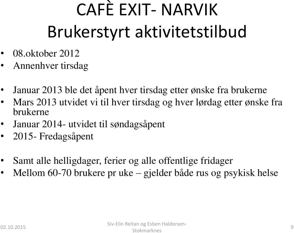 etter ønske fra brukerne Januar 2014- utvidet til søndagsåpent 2015- Fredagsåpent Samt alle