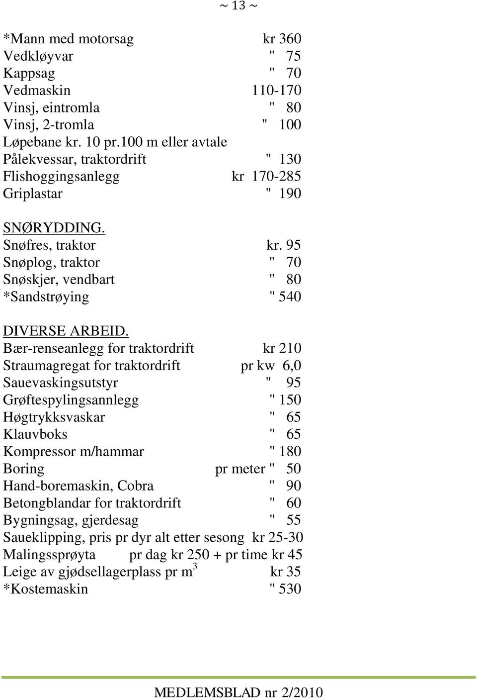 95 Snøplog, traktor " 70 Snøskjer, vendbart " 80 *Sandstrøying " 540 DIVERSE ARBEID.