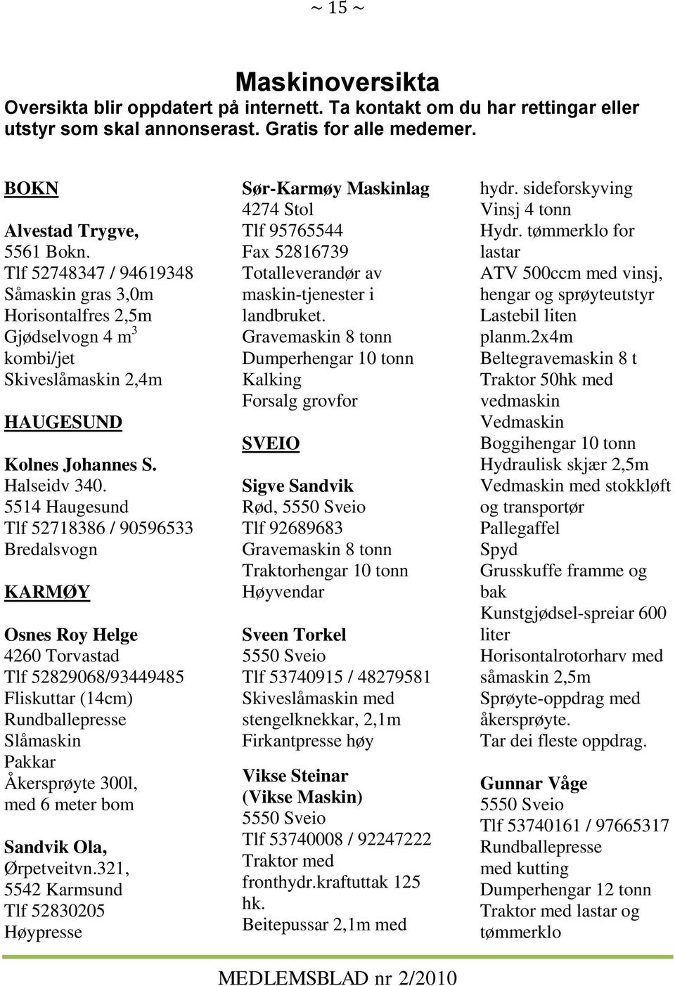 5514 Haugesund Tlf 52718386 / 90596533 Bredalsvogn KARMØY Osnes Roy Helge 4260 Torvastad Tlf 52829068/93449485 Fliskuttar (14cm) Rundballepresse Slåmaskin Pakkar Åkersprøyte 300l, med 6 meter bom