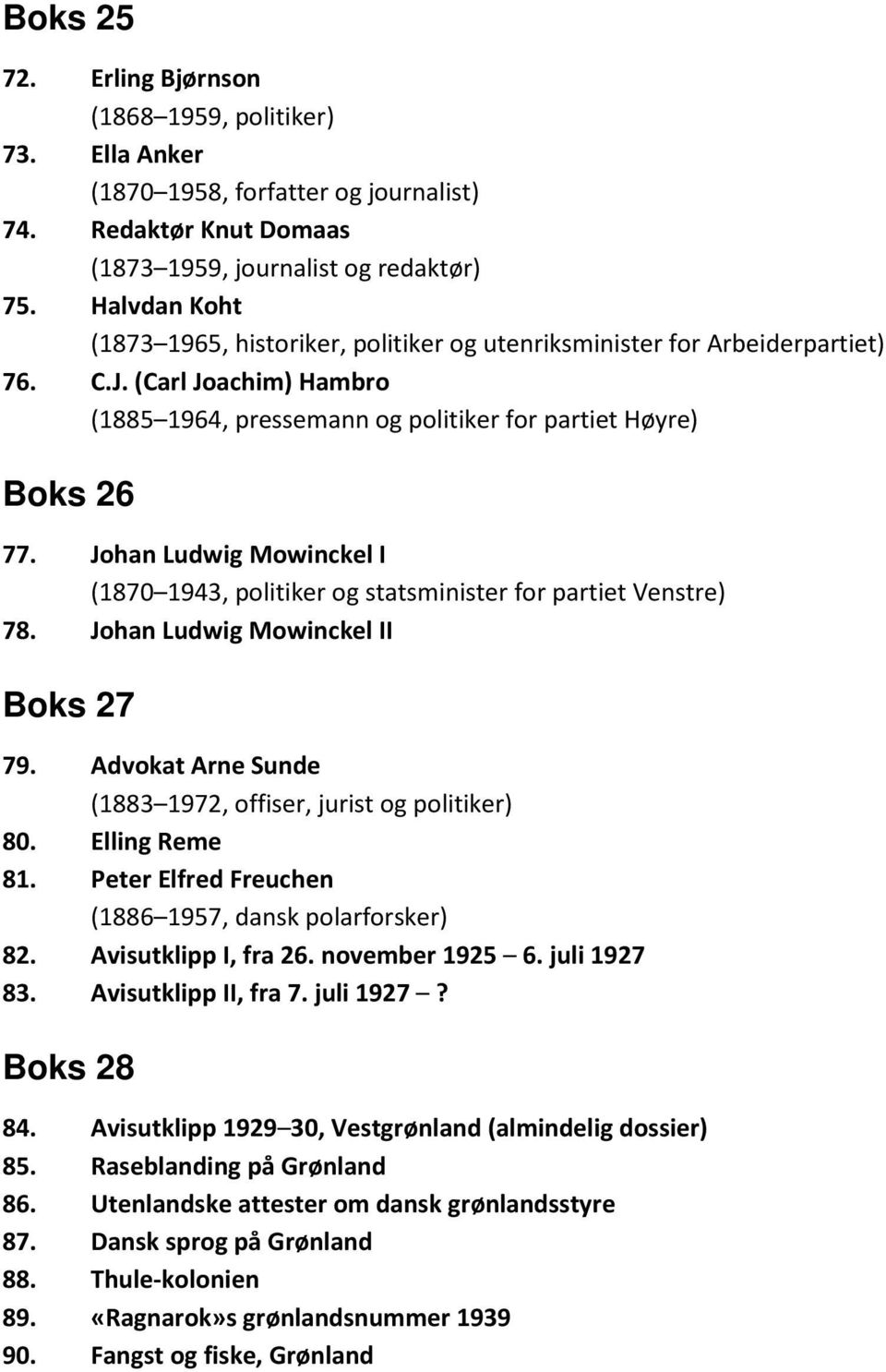 Johan Ludwig Mowinckel I (1870 1943, politiker og statsminister for partiet Venstre) 78. Johan Ludwig Mowinckel II Boks 27 79. Advokat Arne Sunde (1883 1972, offiser, jurist og politiker) 80.