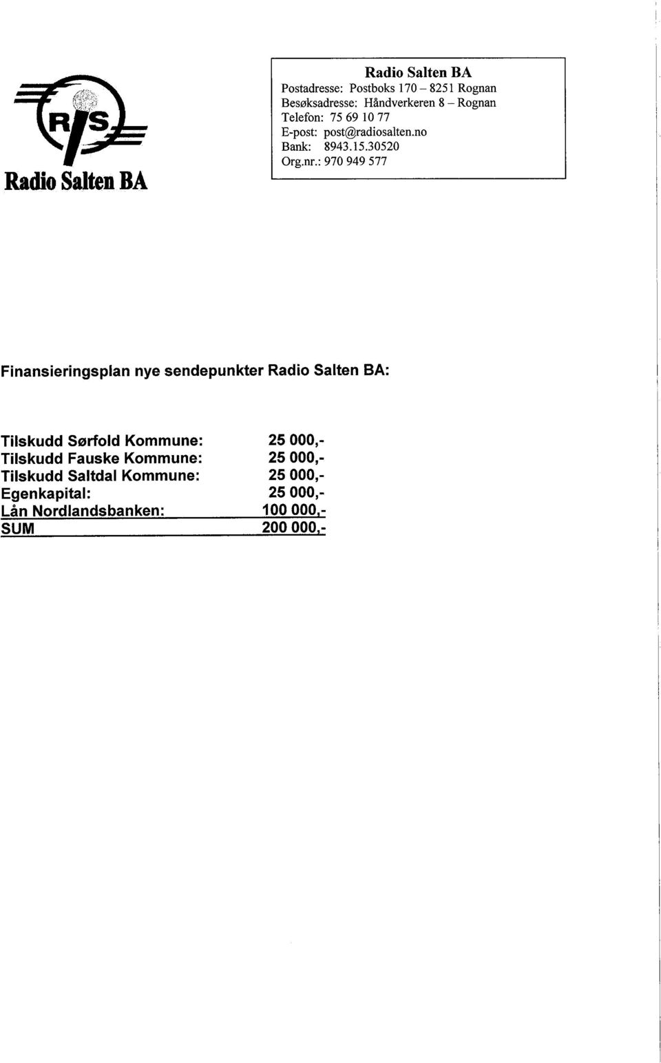 : 970 949 577 Finansieringsplan nye sendepunkter Radio Salten BA: Tilskudd Sønold Kommune: Tilskudd
