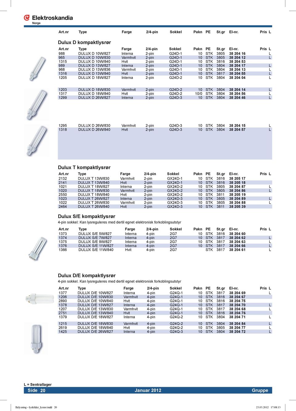 STK 04 4 L 968 DULUX D W/8 Varmhvit 2-pin GD-1 STK 04 4 L DULUX D W/8 Hvit 2-pin GD-1 STK 4 55 L 05 DULUX D W/7 Interna 2-pin GD-2 STK 04 4 04 L 03 DULUX D W/8 Varmhvit 2-pin GD-2 STK 04 4 L DULUX D