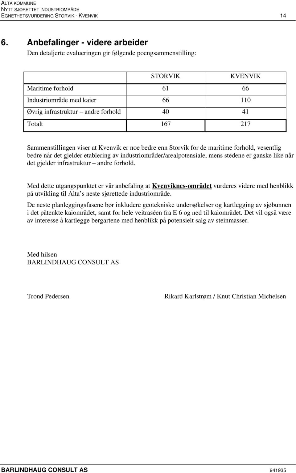 40 41 Totalt 167 217 Sammenstillingen viser at Kvenvik er noe bedre enn Storvik for de maritime forhold, vesentlig bedre når det gjelder etablering av industriområder/arealpotensiale, mens stedene er