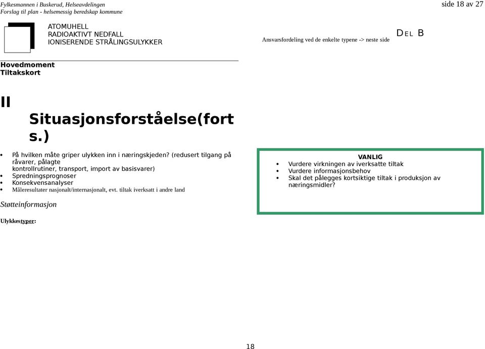 (redusert tilgang på råvarer, pålagte kontrollrutiner, transport, import av basisvarer) Spredningsprognoser Konsekvensanalyser Måleresultater nasjonalt/internasjonalt, evt.