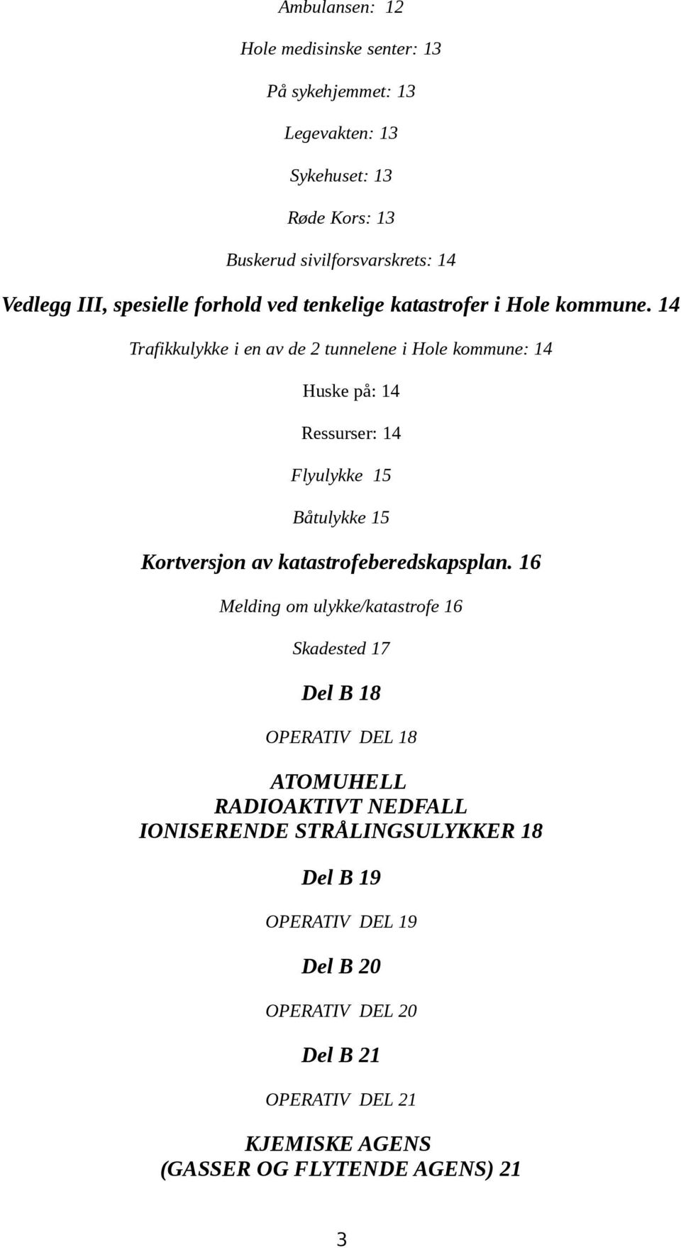 14 Trafikkulykke i en av de 2 tunnelene i Hole kommune: 14 Huske på: 14 Ressurser: 14 Flyulykke 15 Båtulykke 15 Kortversjon av katastrofeberedskapsplan.