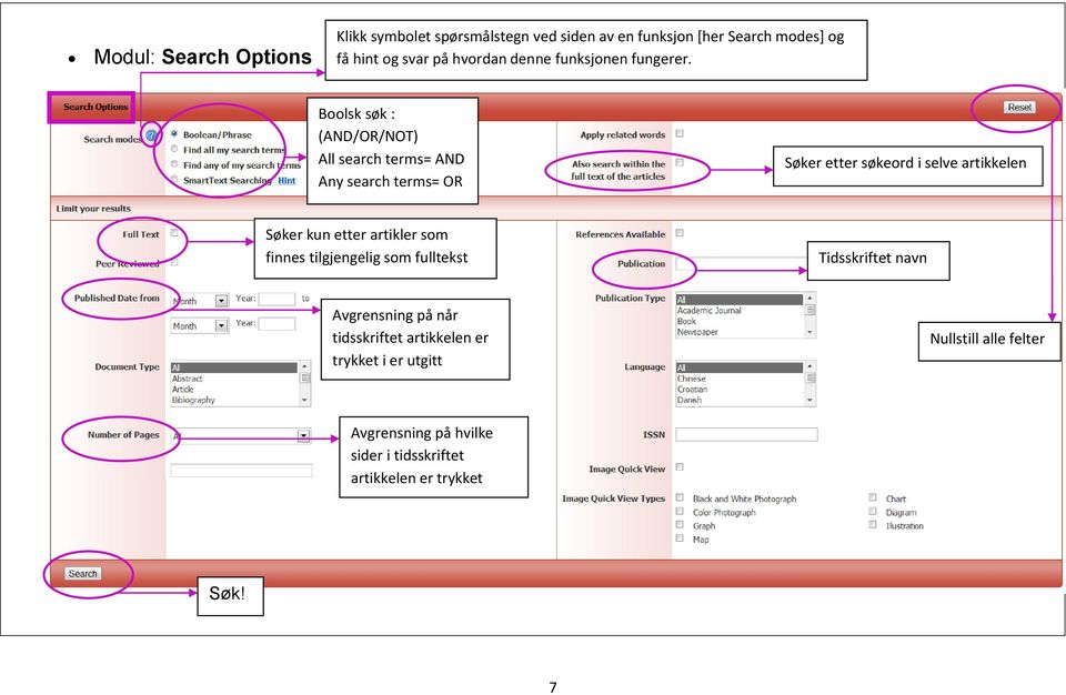 Boolsk søk : (AND/OR/NOT) All search terms= AND Any search terms= OR Søker etter søkeord i selve artikkelen Søker kun etter