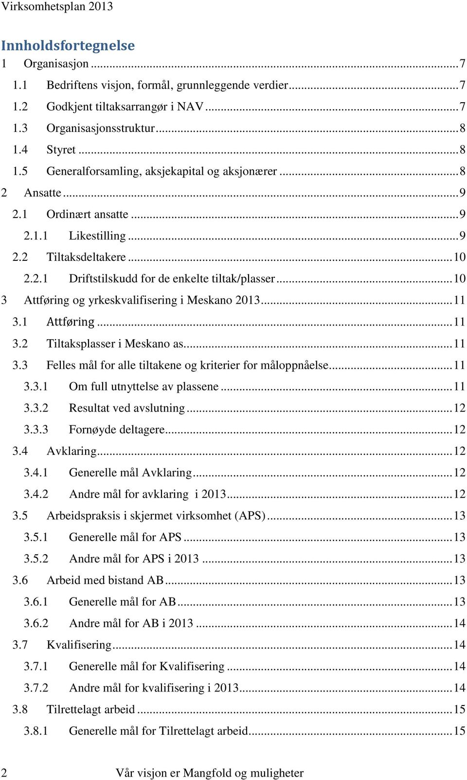 .. 10 3 Attføring og yrkeskvalifisering i Meskano 2013... 11 3.1 Attføring... 11 3.2 Tiltaksplasser i Meskano as... 11 3.3 Felles mål for alle tiltakene og kriterier for måloppnåelse... 11 3.3.1 Om full utnyttelse av plassene.