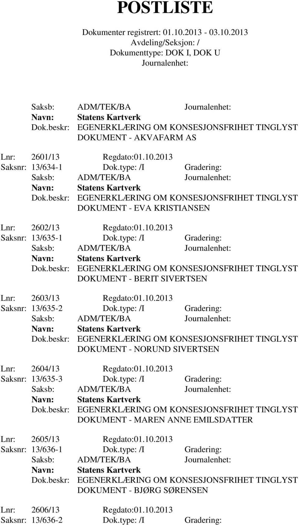 type: /I Gradering: DOKUMENT - NORUND SIVERTSEN Lnr: 2604/13 Regdato:01.10.2013 Saksnr: 13/635-3 Dok.